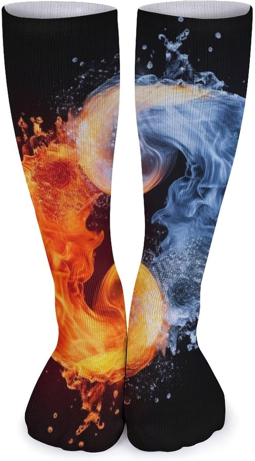 5 Pairs Knee High Socks Yin Yang Fire Water Long Tube Boot Seamless Toe