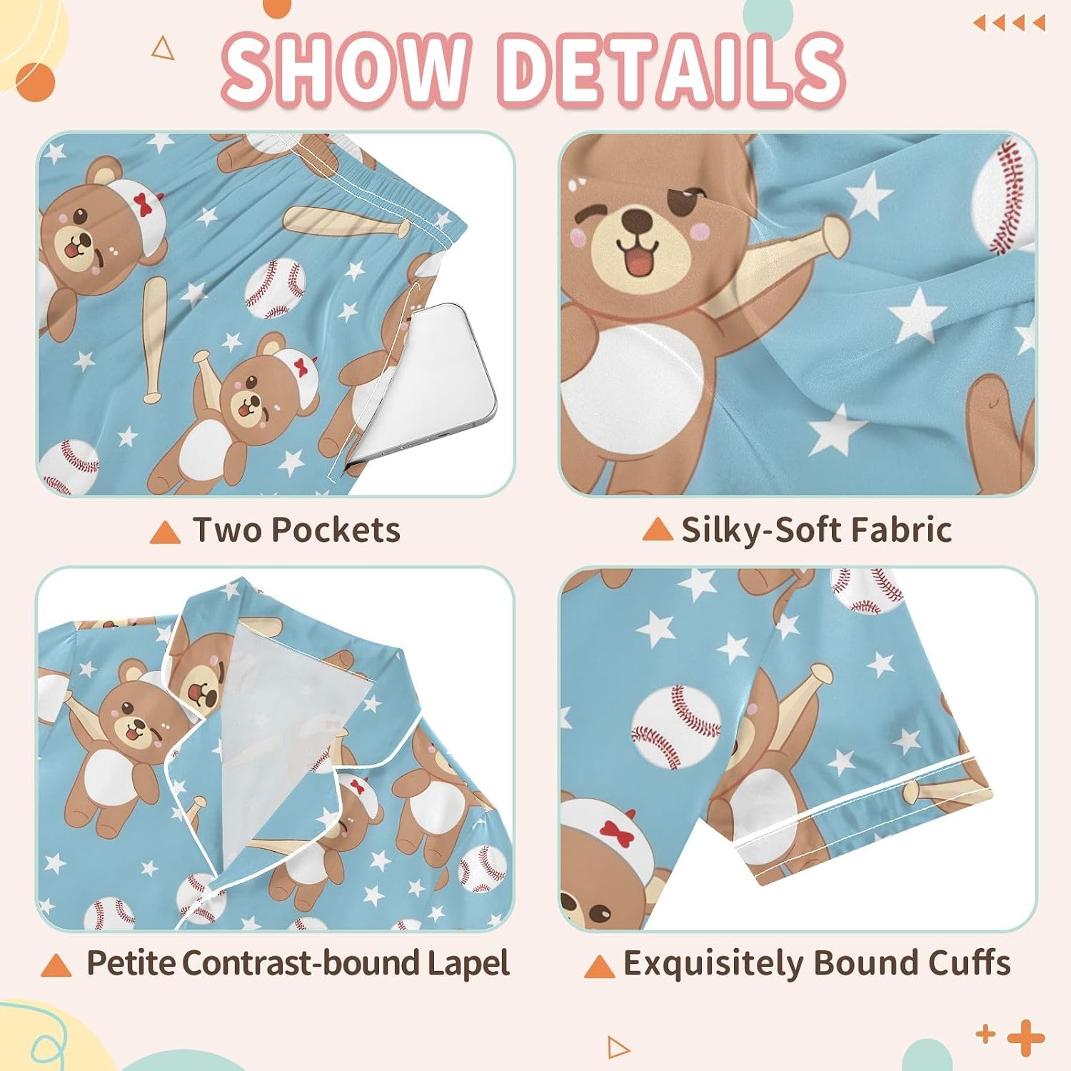Kids Casual Satin Wear Set Cute Bear Playing Baseball Unisex Short Sleeve Clothing for Relaxing