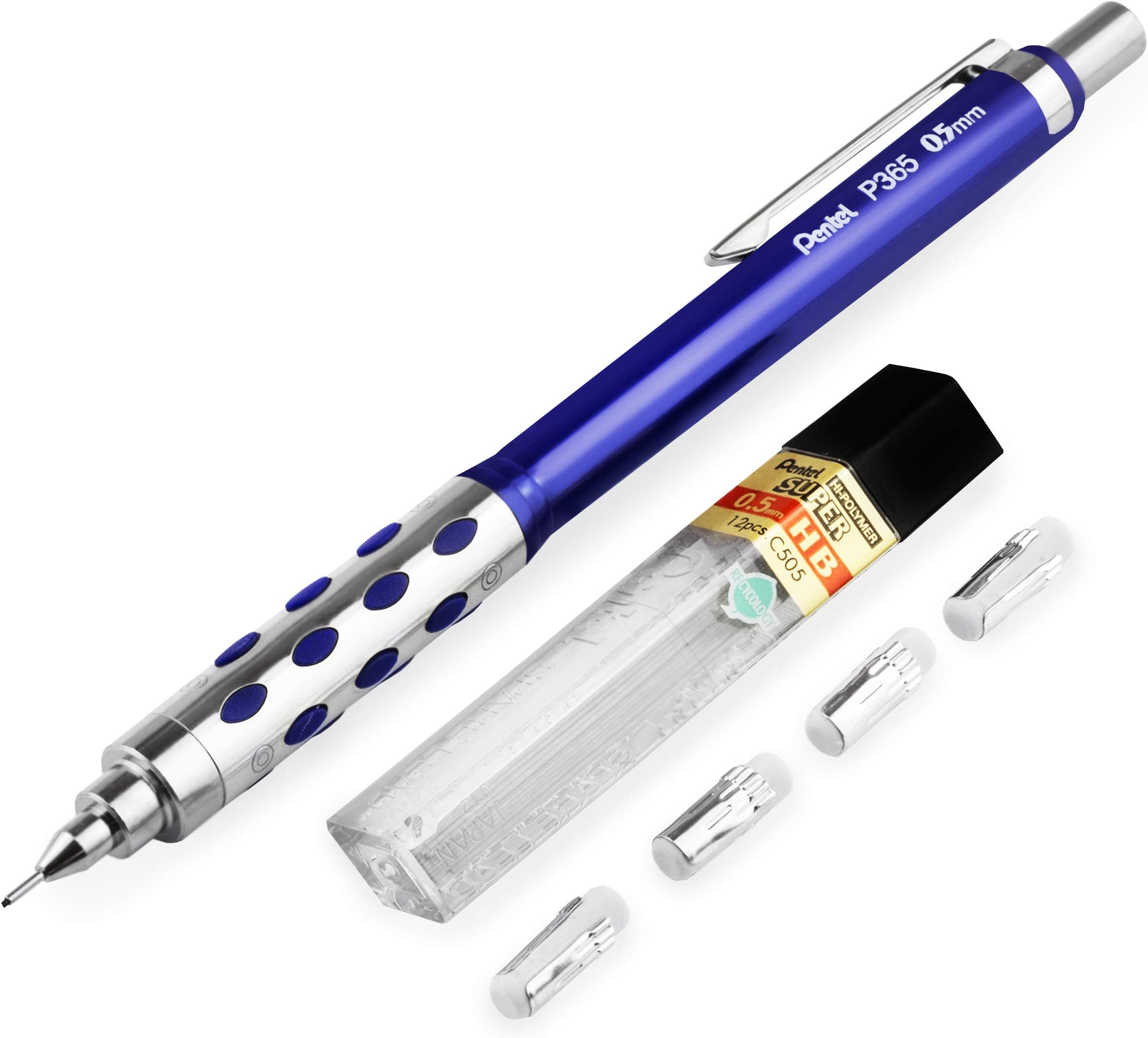 Pentel P365 Automatic Mechanical Pencil - 0.5mm - Blue Barrel - Single Pencil + 12 HB Super Leads + 4 Eraser Refills