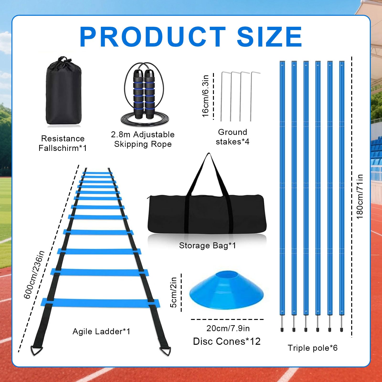Barras de slalom, accesorios de entrenamiento con 6 polos de eslalom, escalera de coordinación de 6 m, 12 conos, cuerda de saltar y paracaídas de resistencia, juego de entrenamiento de fútbol para