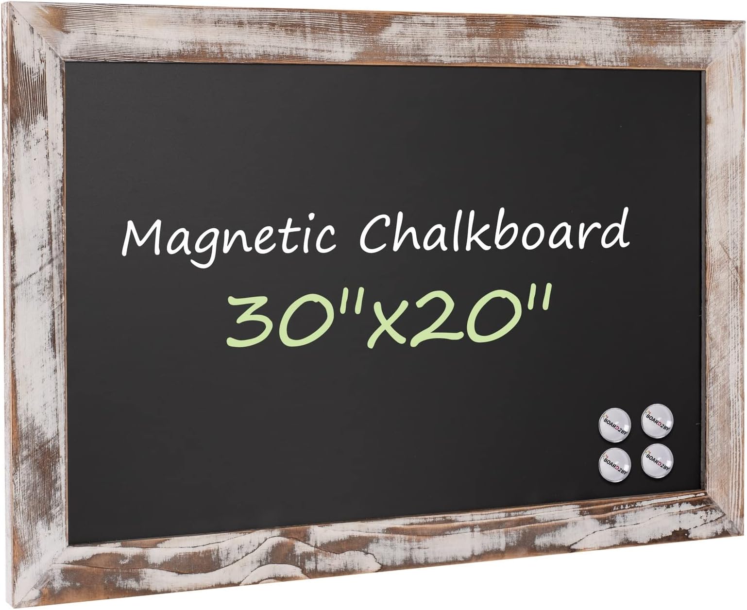 Board2by Rustic Wood Framed Magnetic Chalkboard 20 x 30, Large Hanging Chalk Board Sign for Kids, Non-Porous Wall Blackboard for Wedding Kitchen Restaurant Menu and Home with 4 Unique Magnets, White