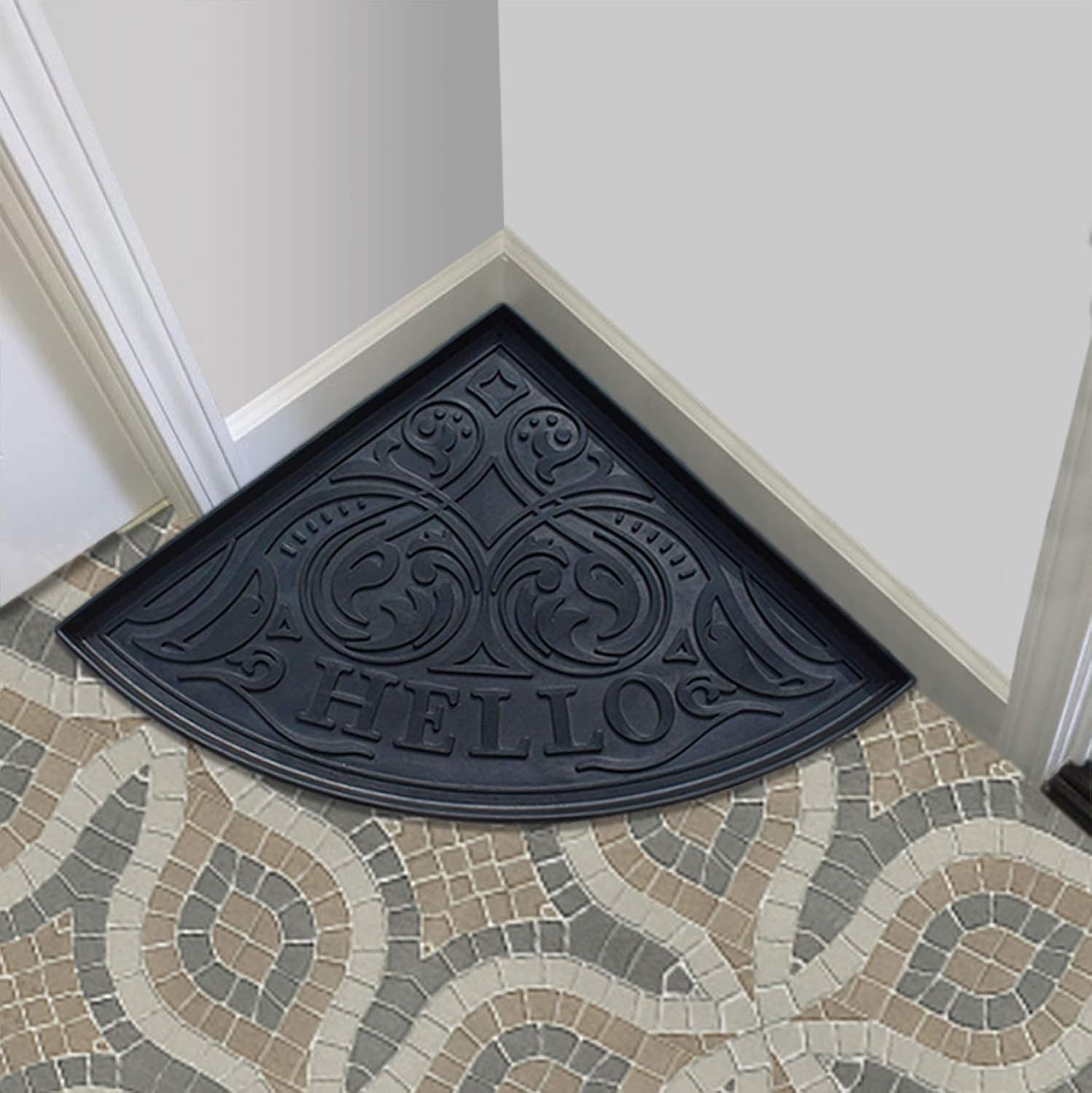 A1HC Heavy Duty Flexible and Durable 100% Rubber Hello Triangle Boot Trays Multi-Purpose for Shoes, Pets, Garden - Mudroom, Entryway, Garage and Scraper Doormat 21.6" X 21.6"