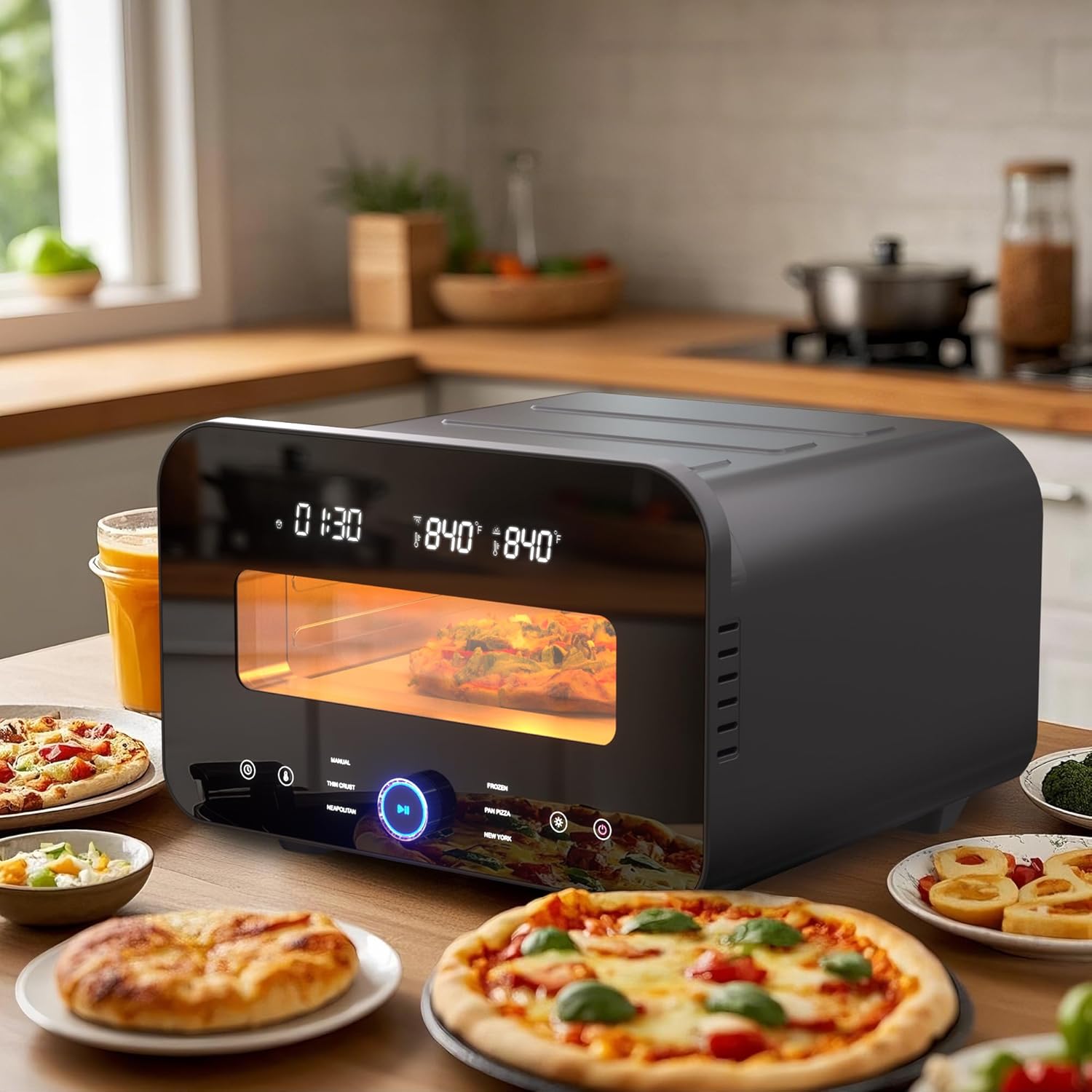 Horno de pizza de interior, máquina para hacer pizza de encimera con 6 programas, máximo 840 F para pizzas de 12 pulgadas, máquina de pizza