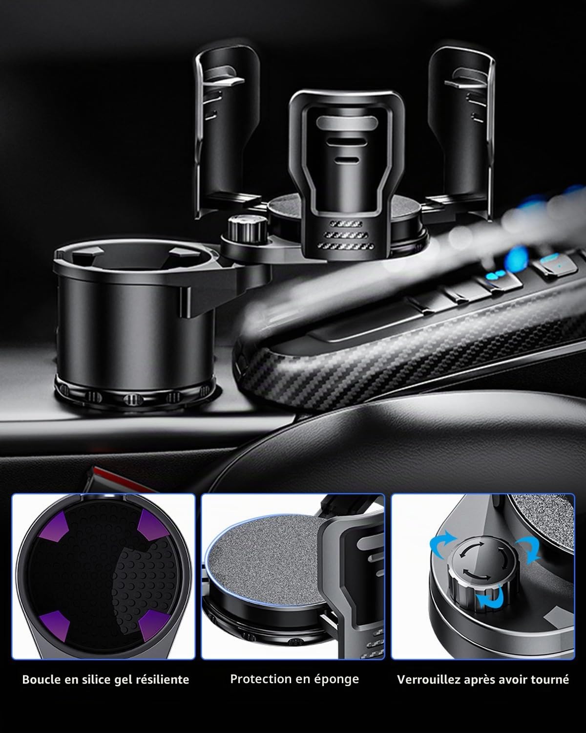 Porte-gobelets 2 en 1 pour voiture multifonction rotatif 360° pour la plupart des porte-gobelets et organisateur d'intérieur voiture