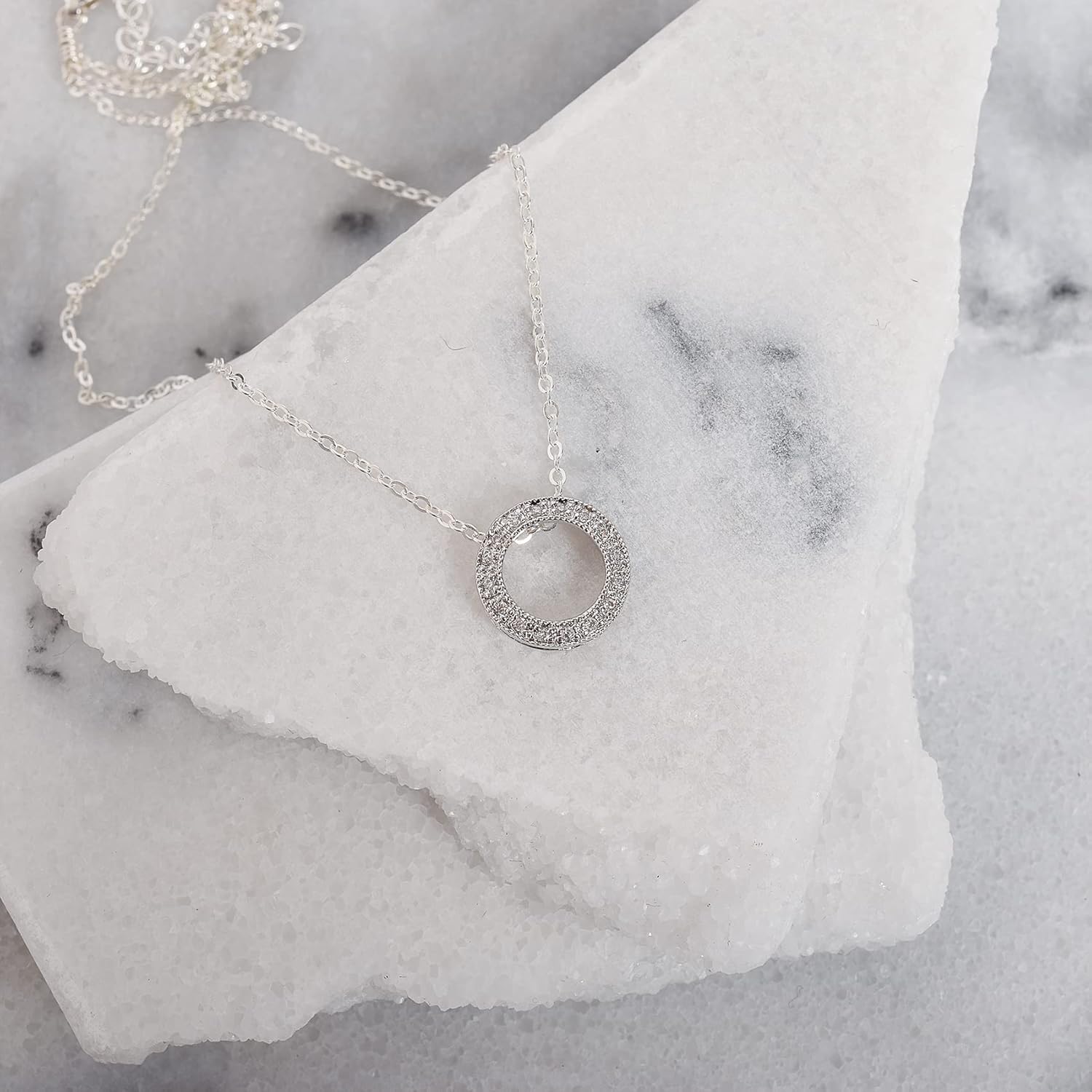 Designed By Stacey Handmade Sterling Silver Necklace, Floating Circle Cubic Zirconia Pendant Jewelry, Gifts for Women, Birthday, Anniversary, Wedding, Prom, Homecoming, 16 to 18" Adjustable Chain - Image 6