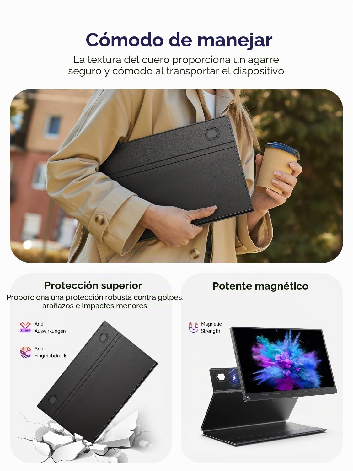 UPERFECT Monitor Portátil Táctil 15.6" 125% sRGB Portable Monitor de Viaje Mate 2000:1 Contraste FHD EyeCare Bolsa Multifuncional de Cuero, Pantalla Portátil para Laptop/PC/Teléfono/Game Console
