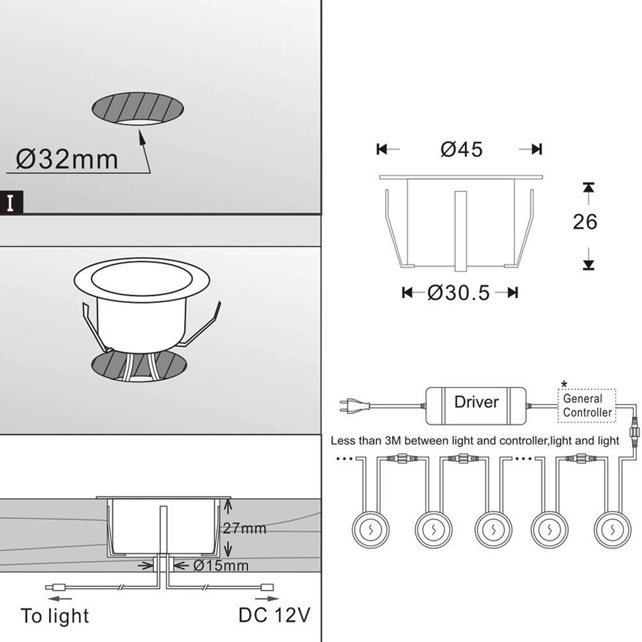 Spot LED Encastrable Extérieur IP67 1W DC12V 45mm Blanc Froid Jardin Terrasse