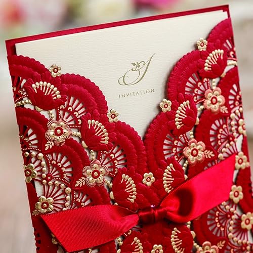 Miniatura 4 de Hosmsua - Juego de 50 invitaciones de boda de encaje rojo cortado con láser de 5 x 7.4 pulgadas con lazo floral dorado rosa para boda, compromiso,
