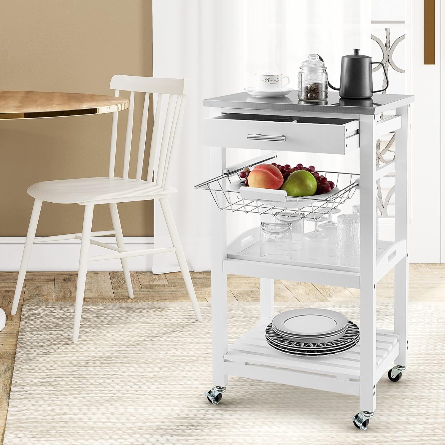 RELAX4LIFE Carrello da Cucina con Piano in Acciaio Inox, Cestello Metallico Estraibile,Vassoio e Ruote Bloccabili, Cassetto, per Cucina Sala da Pranzo (BIANCO)