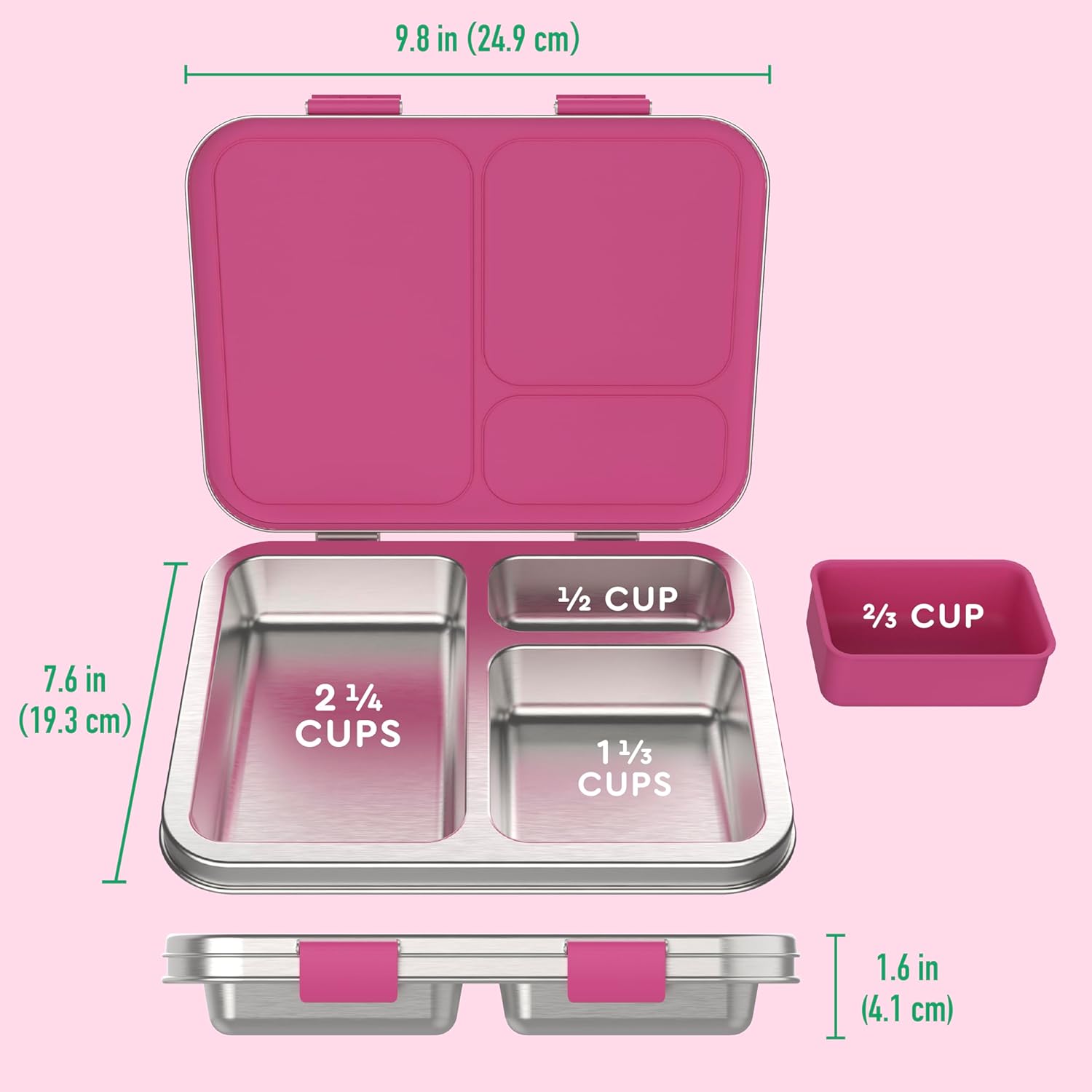 Bentgo Kids Stainless Steel Leak-Resistant Lunch Box - 3-Compartments with Bonus Silicone Container, Durable, Eco-Friendly, Dishwasher Safe, BPA-Free, Ideal for School, Ages 3+ (Fuchsia) - Image 8