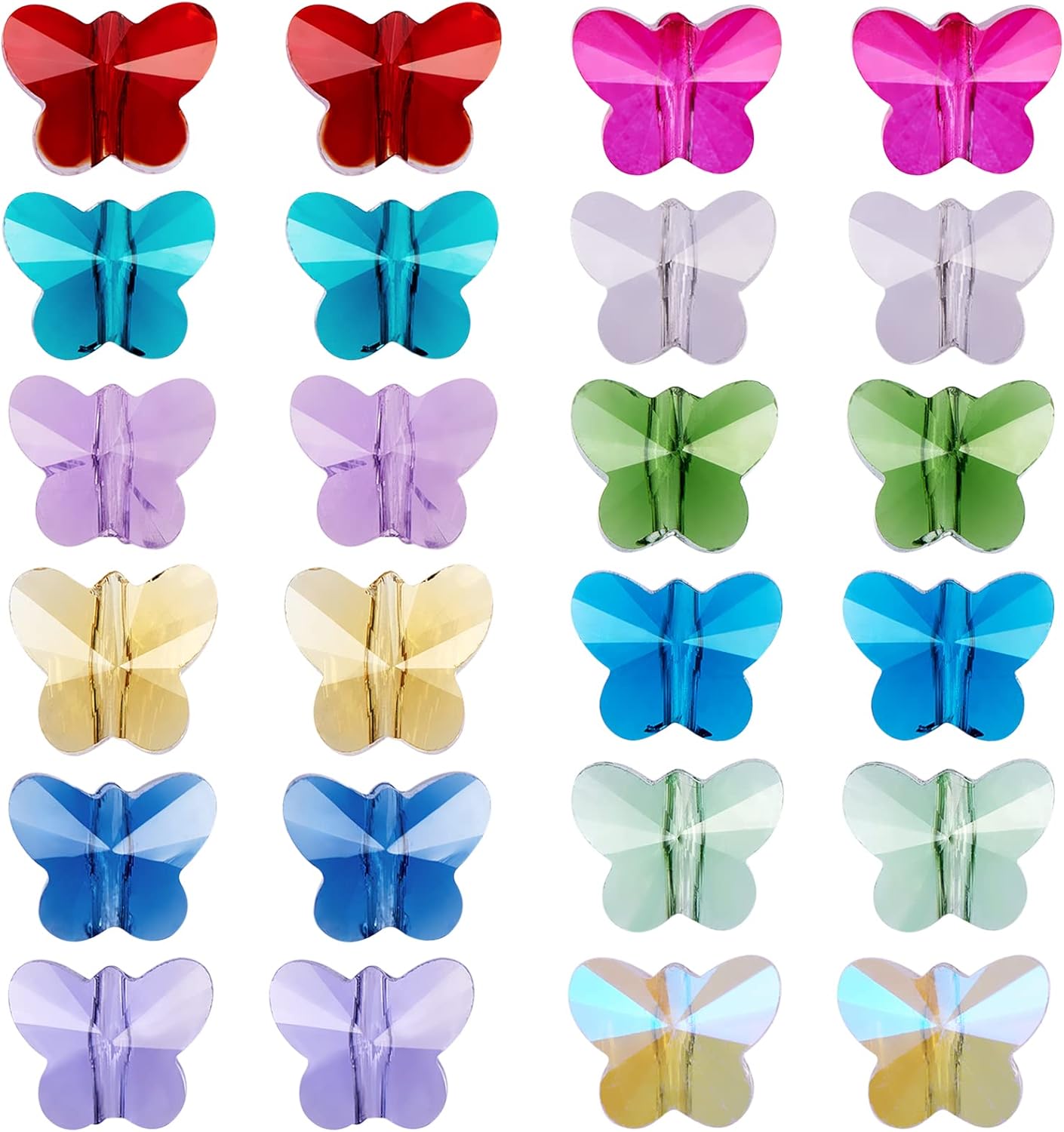 BEEFLYING 72Pcs Crystal Butterfly Beads 12 Colors Transparent Faceted Glass Beads for DIY Jewelry Making Home Decoration