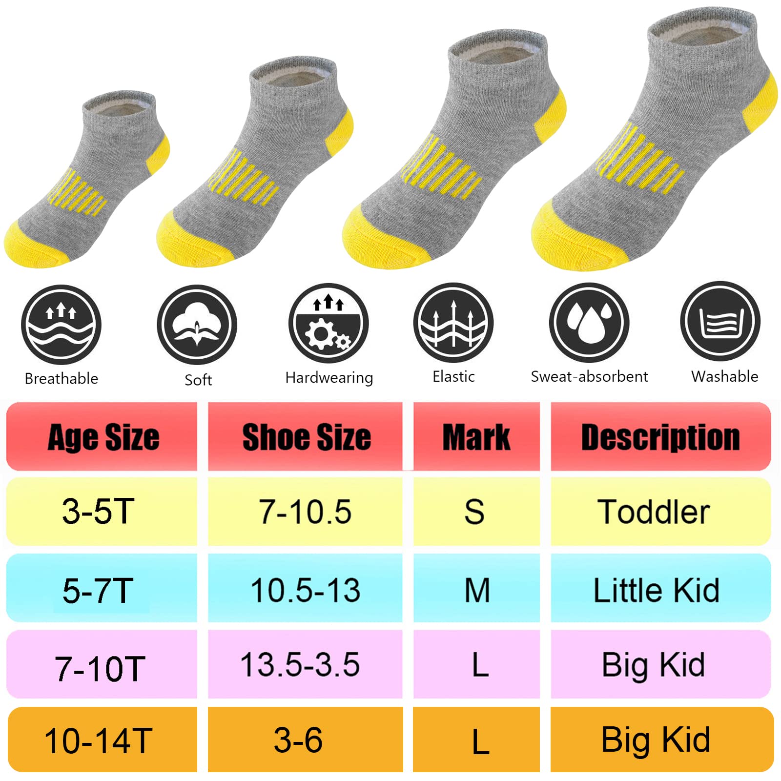 Calcetines para niño, 24 pares de calcetines de algodón atléticos, medio acolchado, de corte bajo, calcetines de algodón atléticos