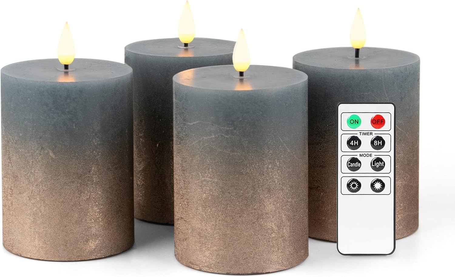 Fanna 4 Flameless LED Taper & Pillar Candle Set, Rustic Metallic Copper & Misty Blue, Remote Control, 16 Batteries Included