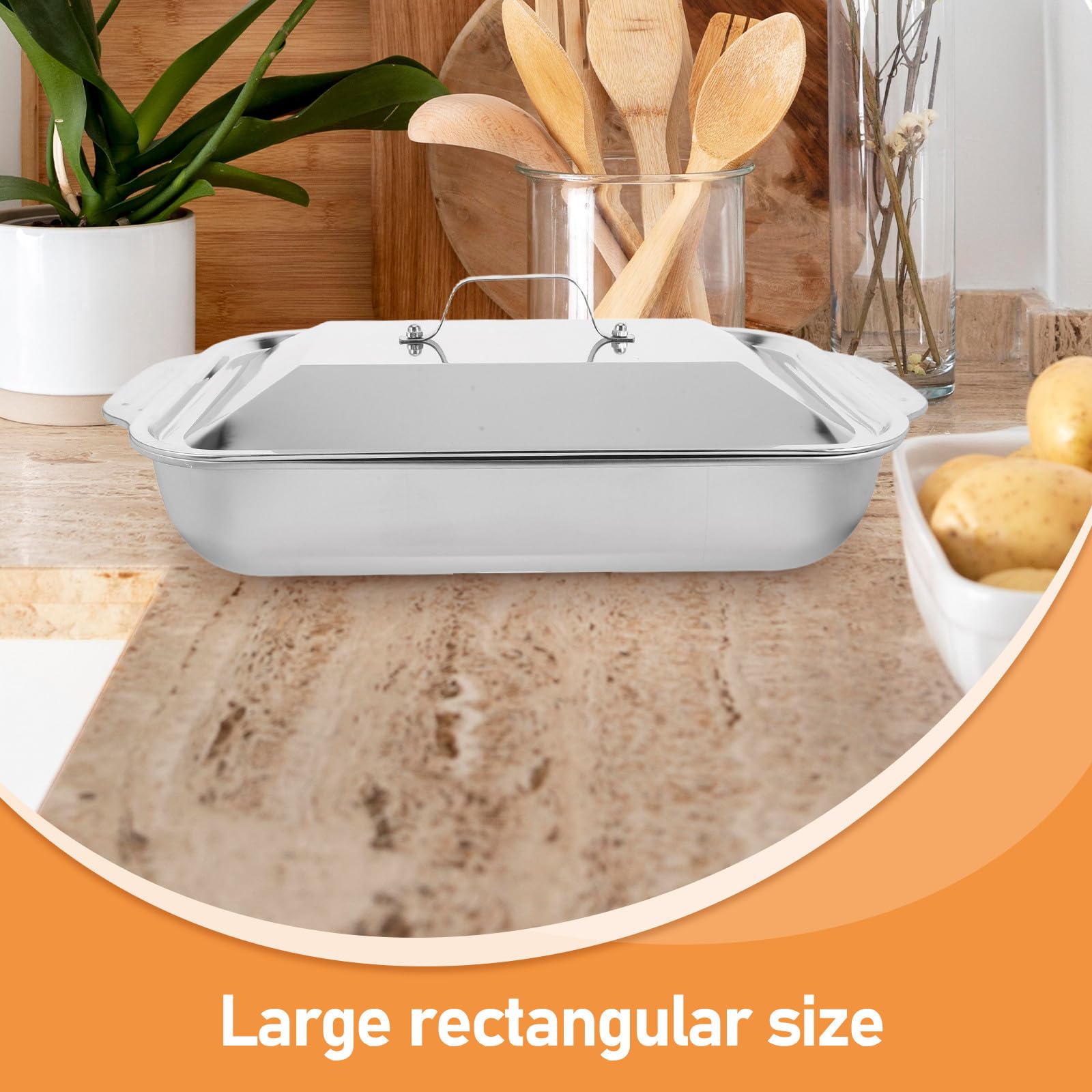 Beavorty Teglia Rettangolare in Acciaio Inox con Coperchio 41x22x7,5 Cm per Arrosti e Grigliate di Pesce, Vassoio Profondo Anti Fuoriuscite per Barbecue e Pranzi in Famiglia