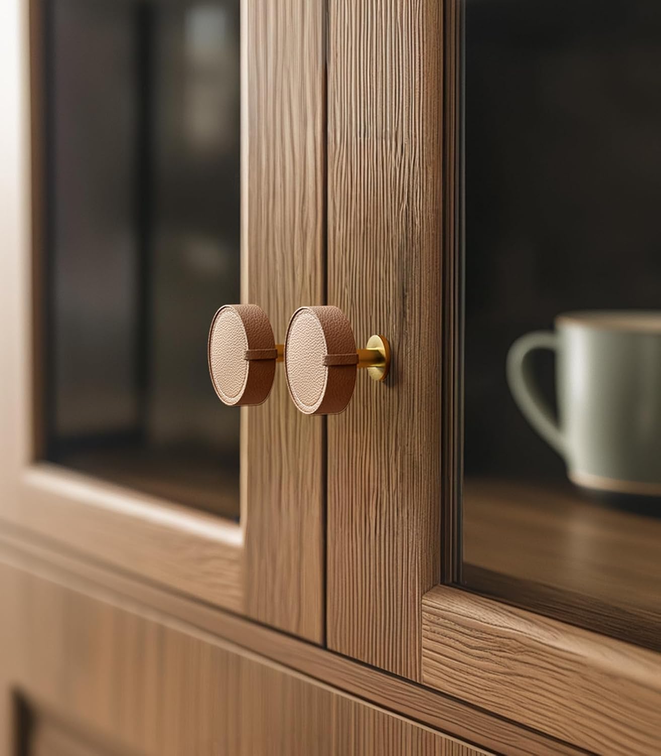 Satanga Kitchen Leather Cabinet Drawer Dresser Knobs Pack of 4 Brown Brass Round Cupboard Door Bathroom Handles Furniture Wardrobe Hardware One Single Hole Diameter 1 2/5 Inch with Screws Modern