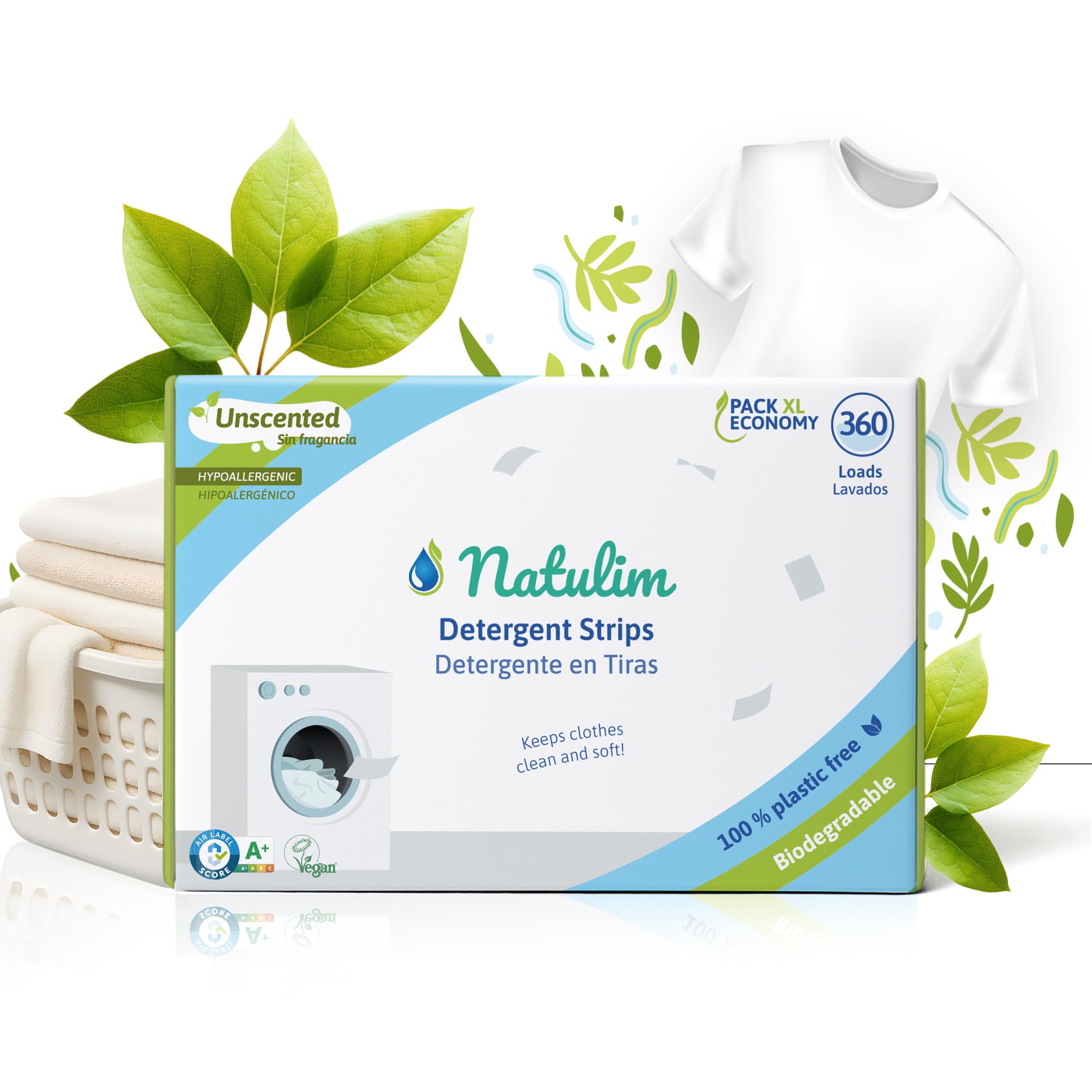 Natulim - Detersivo in Strisce per Lavatrice (360 lavaggi) - Include Effetto Morbidi, Ecologico, Anallergico, Zero Waste, Made in EU - Set Pulito Senza Sporcare il Pianeta (Senza Fragranza)