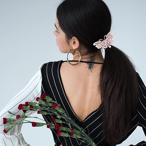 Miniatura 5 de Beaupretty 2 pinzas para el pelo de mariposa de cristal rosa, pasador de pelo con diamantes de imitación, decoración elegante, joyería elegante,