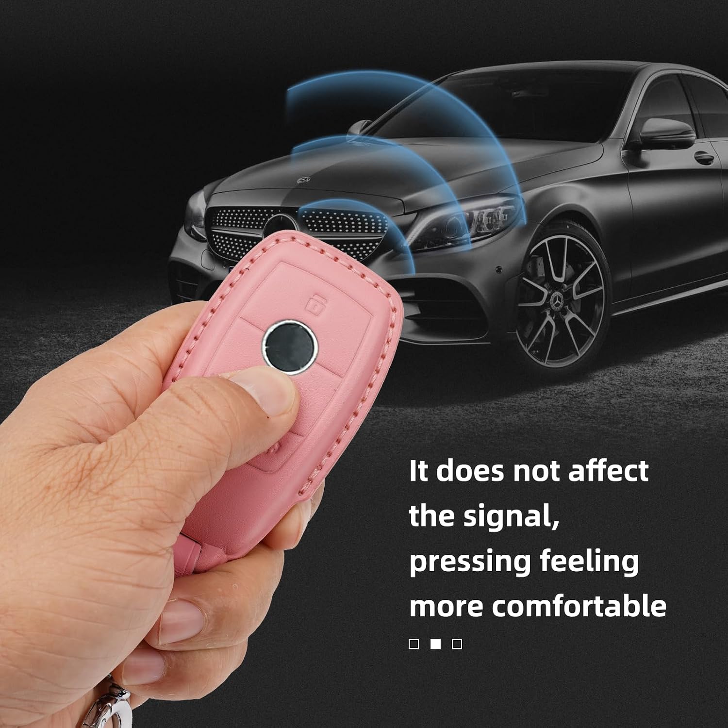 Genuine Leather Key Fob & Shell Compatible with Mercedes-Benz 4-Button Smart Key (Pink)
