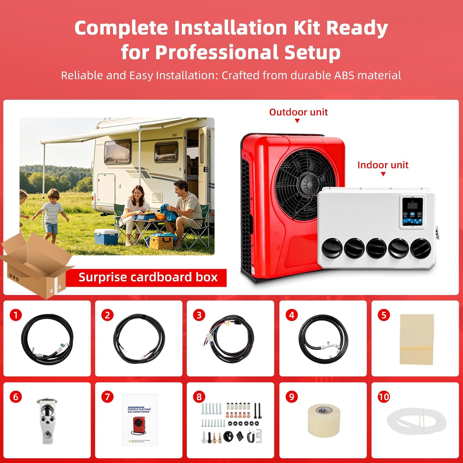 Treeligo 12V 12000 BTU Universal RV Air Conditioner – Ultimate Fast Cooling for Motorhomes, Trucks, Buses & Campers-Ultra Quiet 45 dB Operation & Fast Cooling,Red