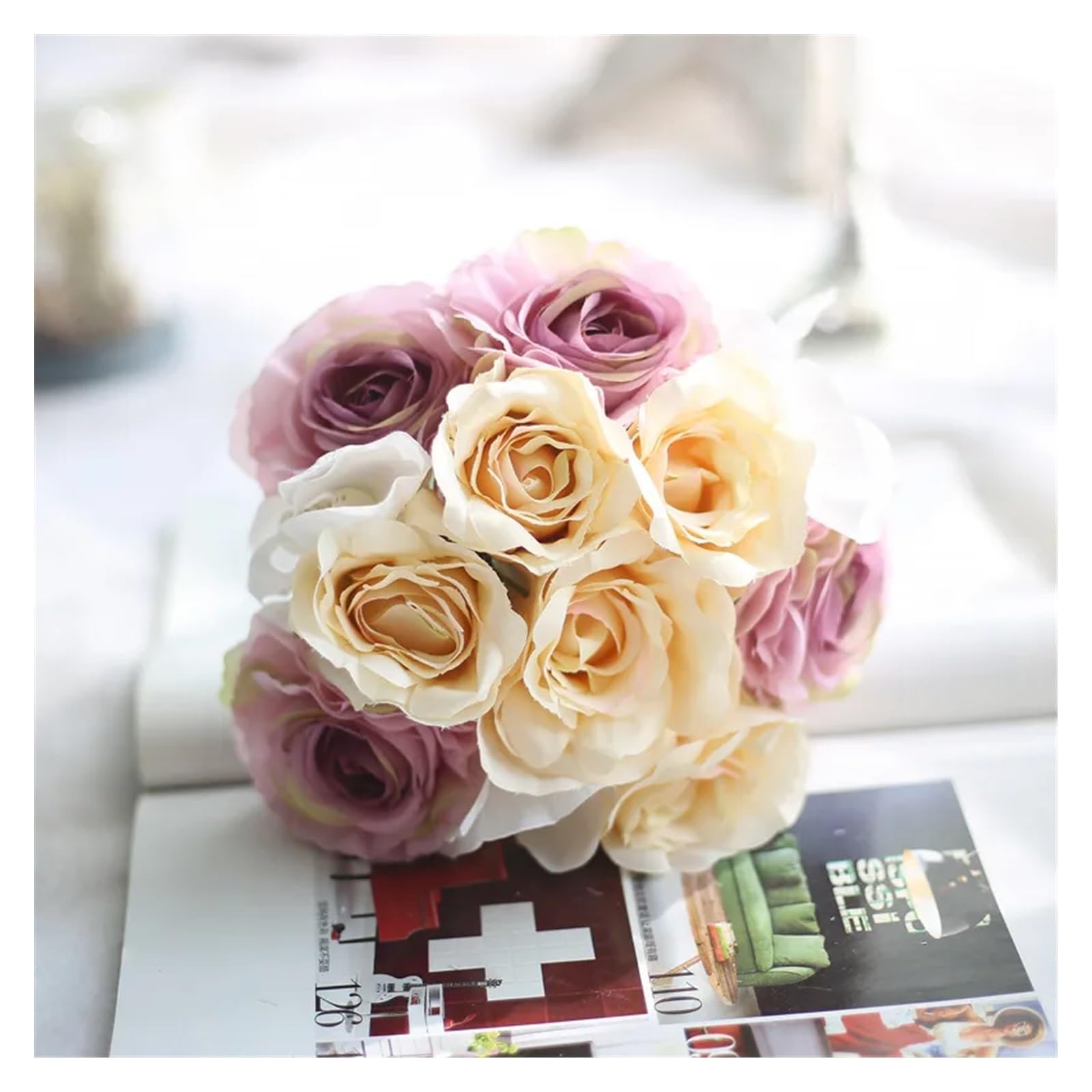 Fleurs en rayonne durables bouquet de mariée sans flétrissement avec vase