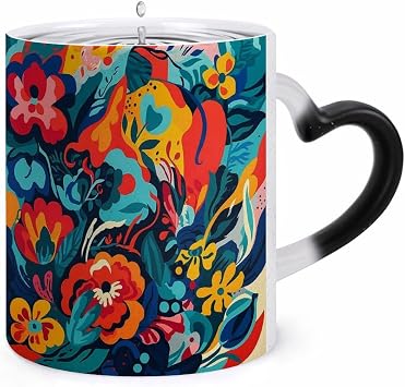 Flower Design Magic Coffee Mug Heat Activated Color Changing Ceramic Cup with Ear Design Handle, Unique Novelty Ceramic Cups for Tea/Latte/Cappuccino/Milk/Cocoa 3.2x3.7 Inches