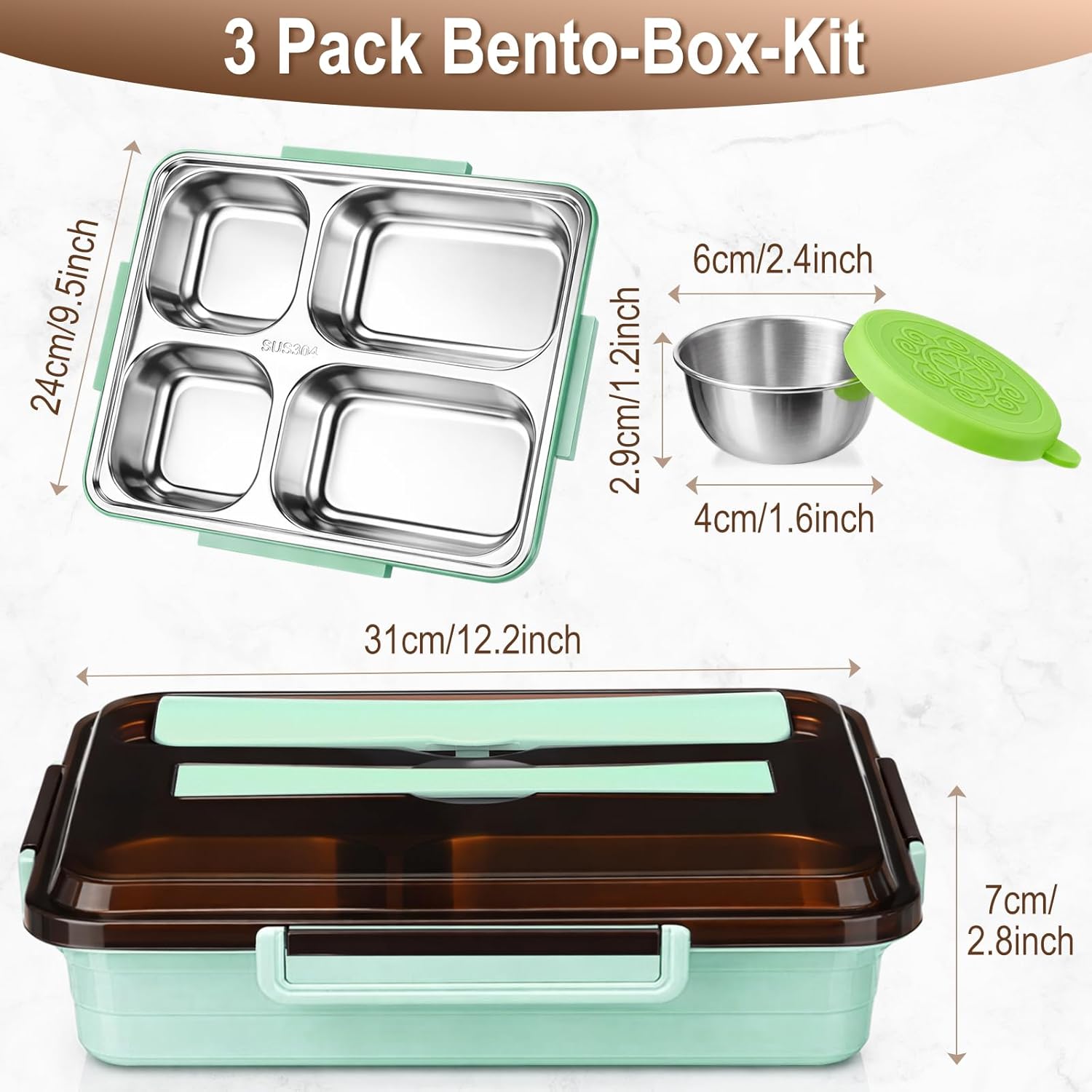 3 Pack Stainless Steel Lunch Boxes Includes 3 Lidded Condiment Cups, 4 Compartment Bento Box Set, Leakproof Lunch Container, Freezer & Dishwasher Safe for Work, Office, Picnic, Travel