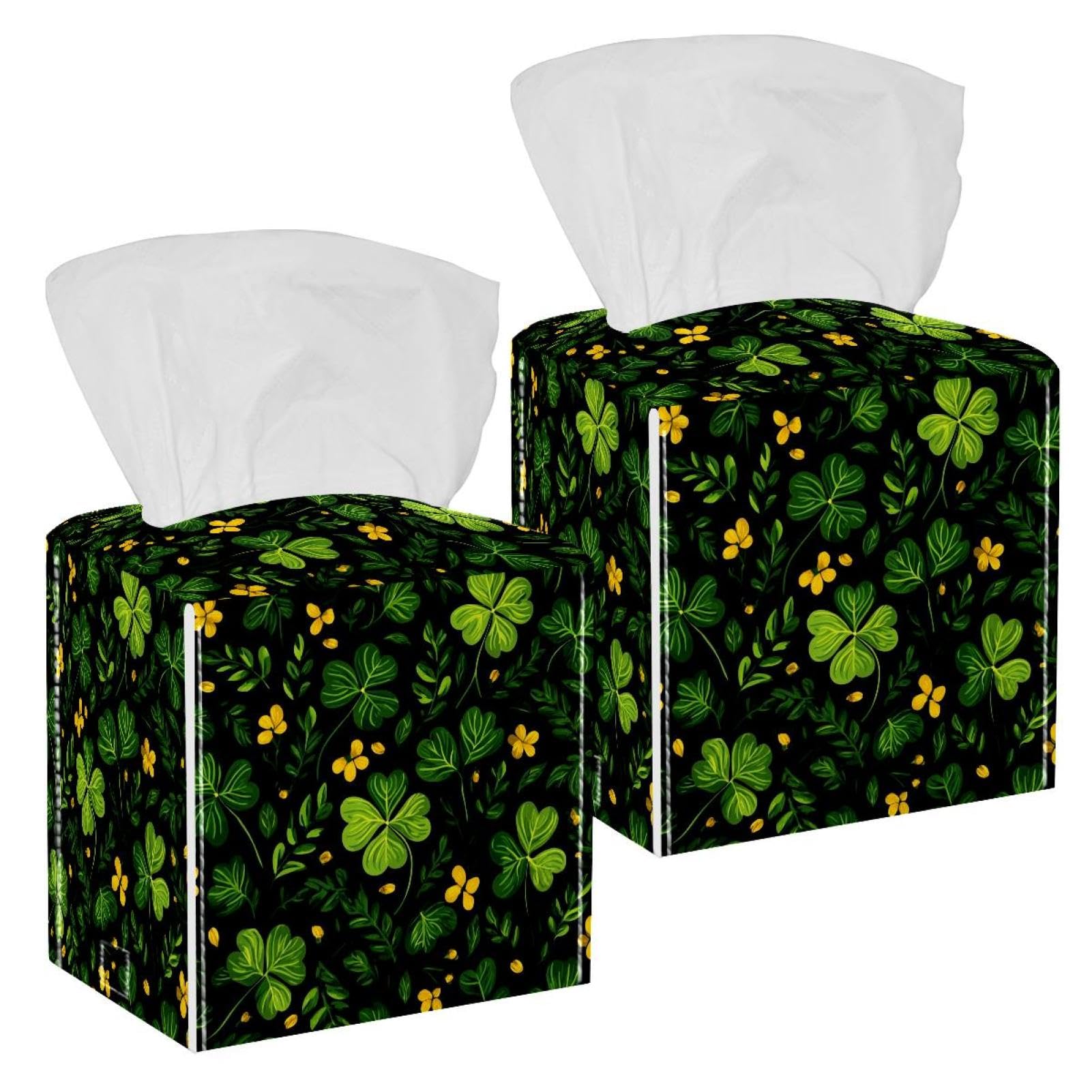 Clovers Tissue Box Cover, 2 Pack PU Leather Square Facial Tissue Dispenser Box holder for Home Office Car