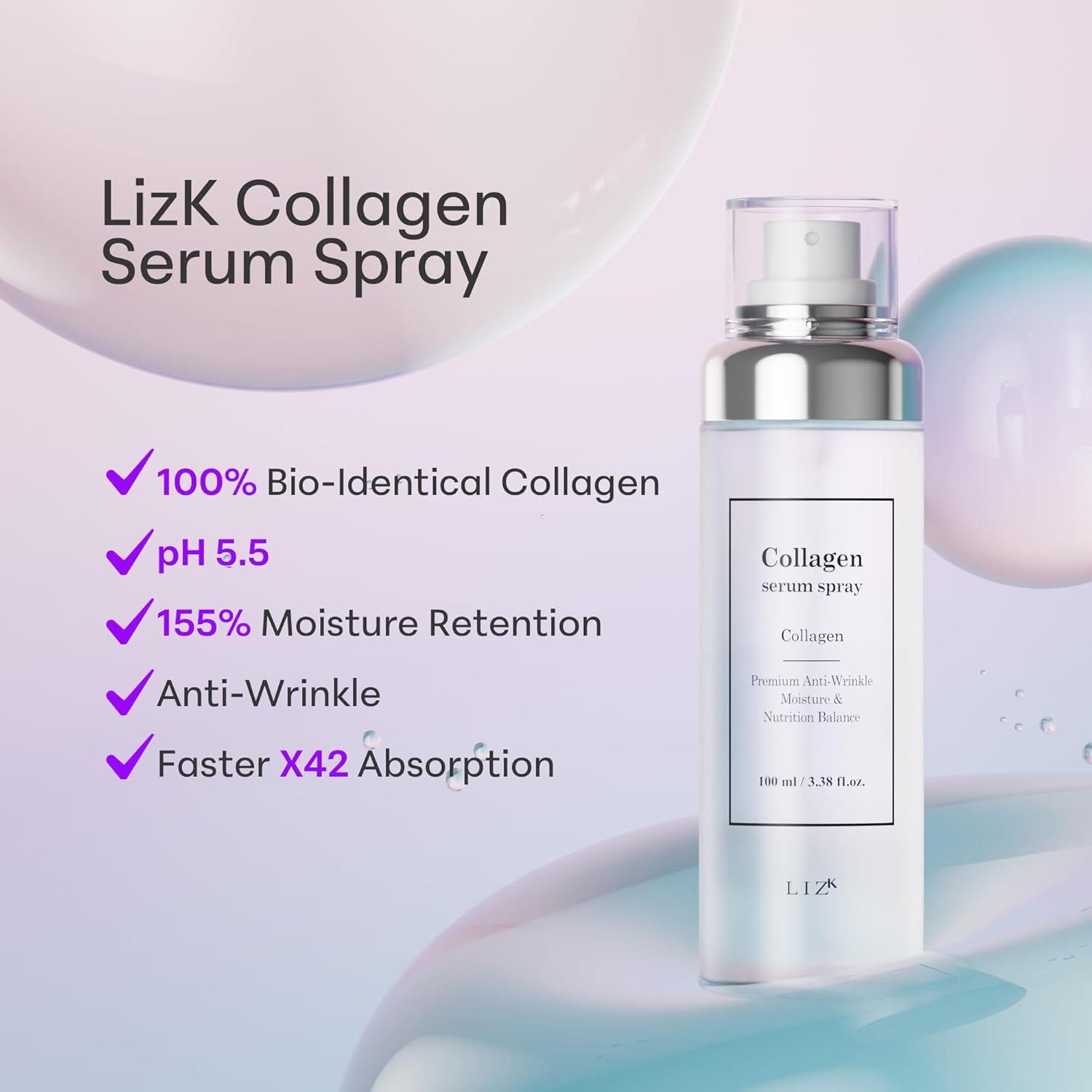 LIZK Collagen Serum Spray for Face 100ml (3.38 fl.oz) Glass Skin,easy to use, sparying at first step in skincare,body care, moisture mist, korea cosmetics - Image 3