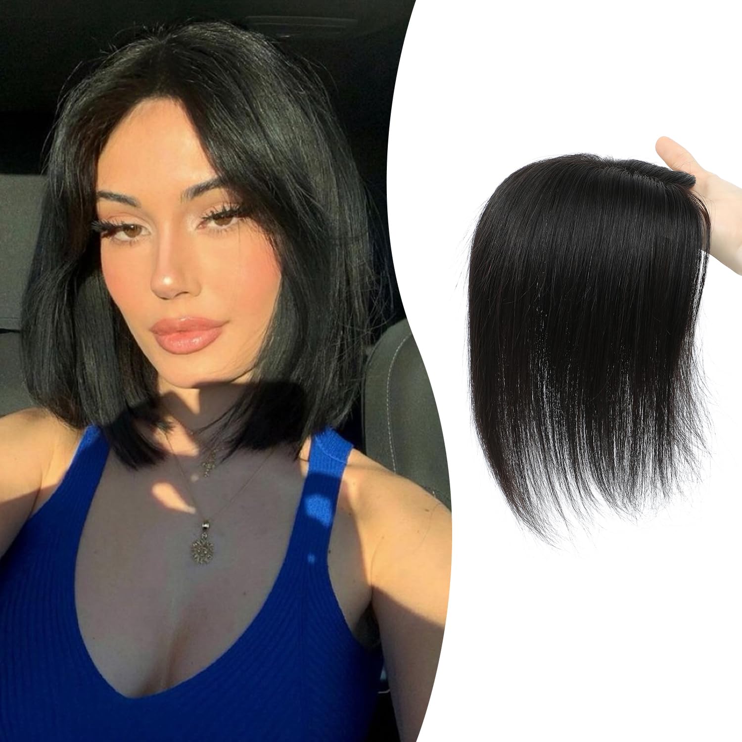 Fine Plus 12Inch Hair Toppers for Women Real Human Hair – Mono Base 3"x5", Natural Black Virgin Quality, for Thinning Crown & Wide Parting, Lightweight & Breathable, Add Volume Can Be Curled