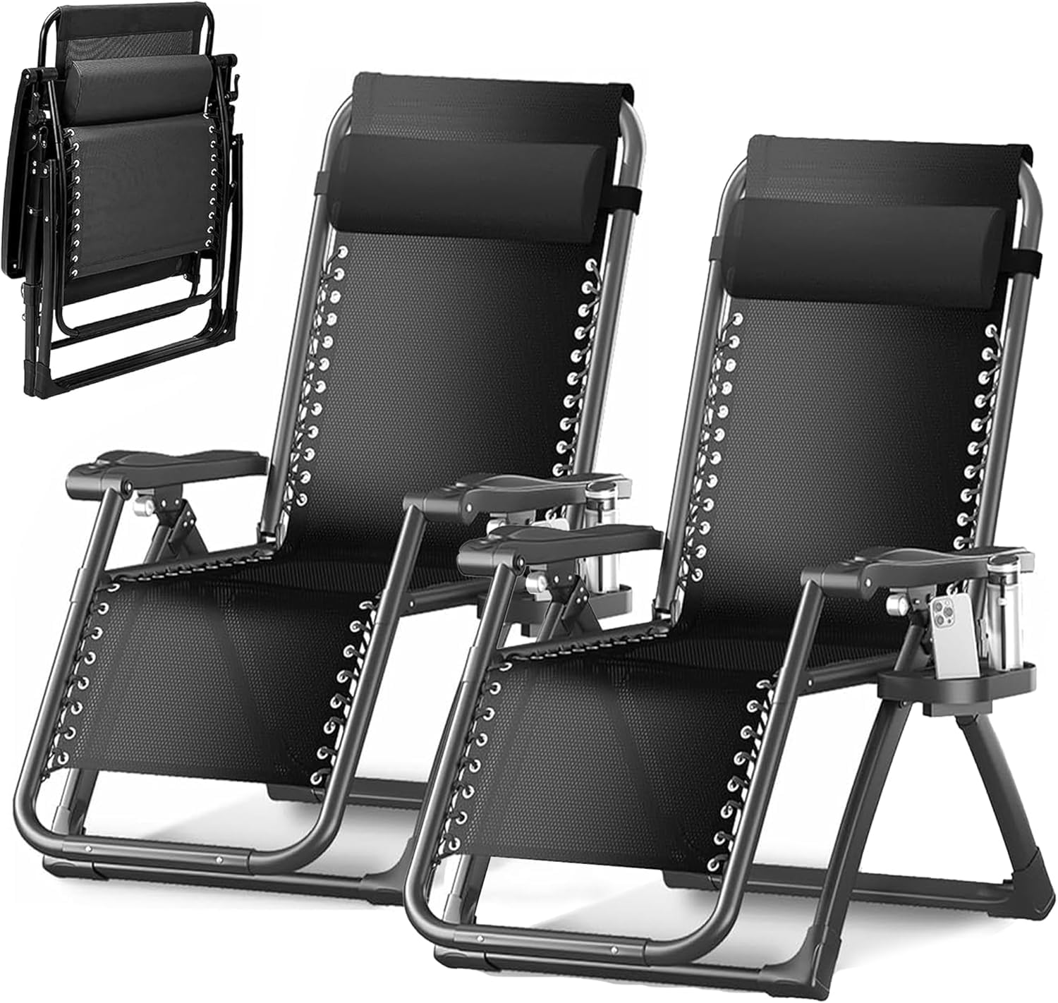 JupiterJX Gravity Chairs Set Of 2 Heavy Duty Adjustable Lounge Chairs, Outdoor Portable Garden Recliner, Sun Folding Chair With Cup Holder And Headrest Pillow Sunloungers (2 Pack Black)