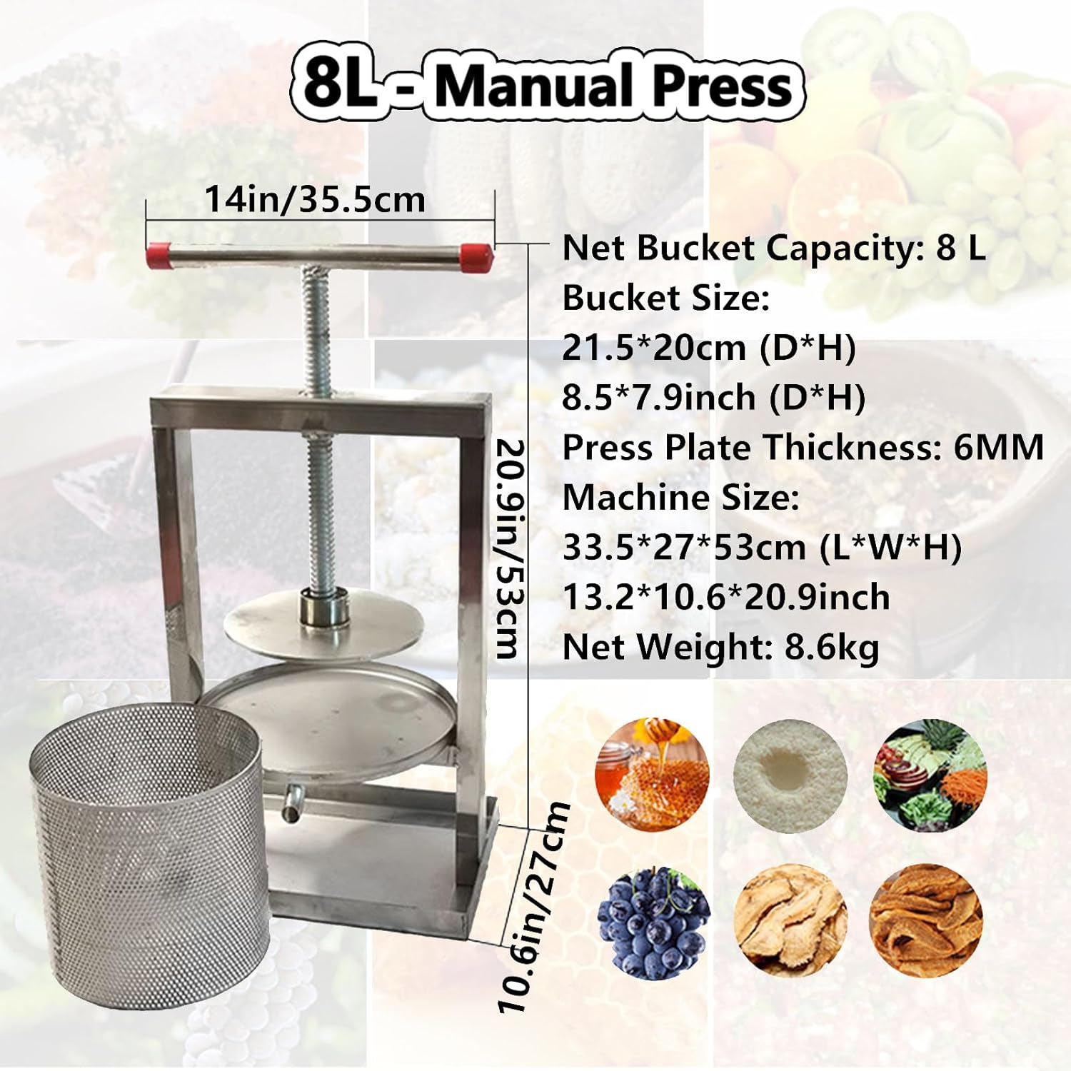 Manual Honey Press Extractors Removable Fruit Wine Press Stainless Steel Barrels T-Handle Manual Juice Maker Cider Apple Grape Tincture Vegetables Honey Olive Oil Making Press 8L