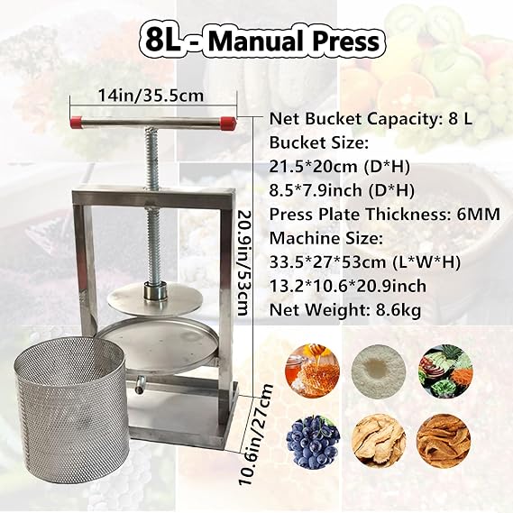 Generisch Çıkarılabilir paslanmaz çelik hazneli bu manuel meyve sıkacağı meyve, şarap, elma şarabı, üzüm, sebze, bal ve zeytinyağı (4 litre) üretimi için uygundur.