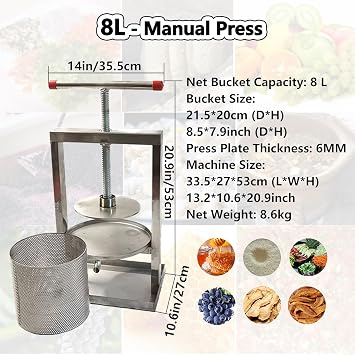 Generisch Çıkarılabilir paslanmaz çelik hazneli bu manuel meyve sıkacağı meyve, şarap, elma şarabı, üzüm, sebze, bal ve zeytinyağı (4 litre) üretimi için uygundur.