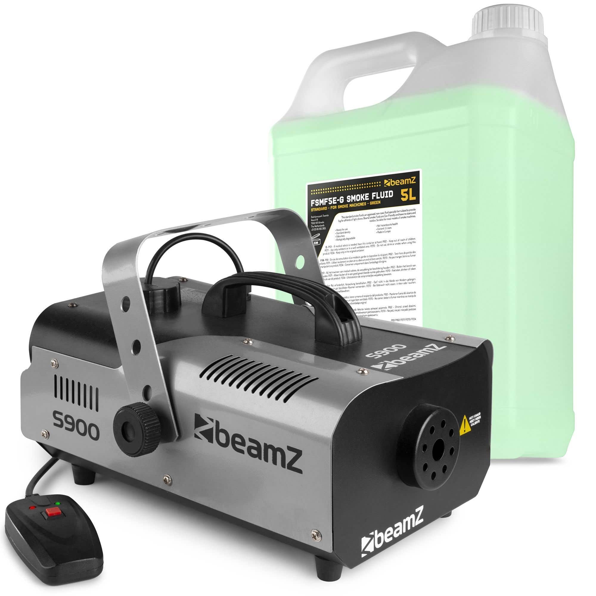 BeamZ S900 Machine à Fumée + 5L de Liquide - 900 Watts, avec Liquide de Densité Standard, Télécommande, Réservoir 1L, Idéal pour Donner une Autre Dimension à vos Soirées