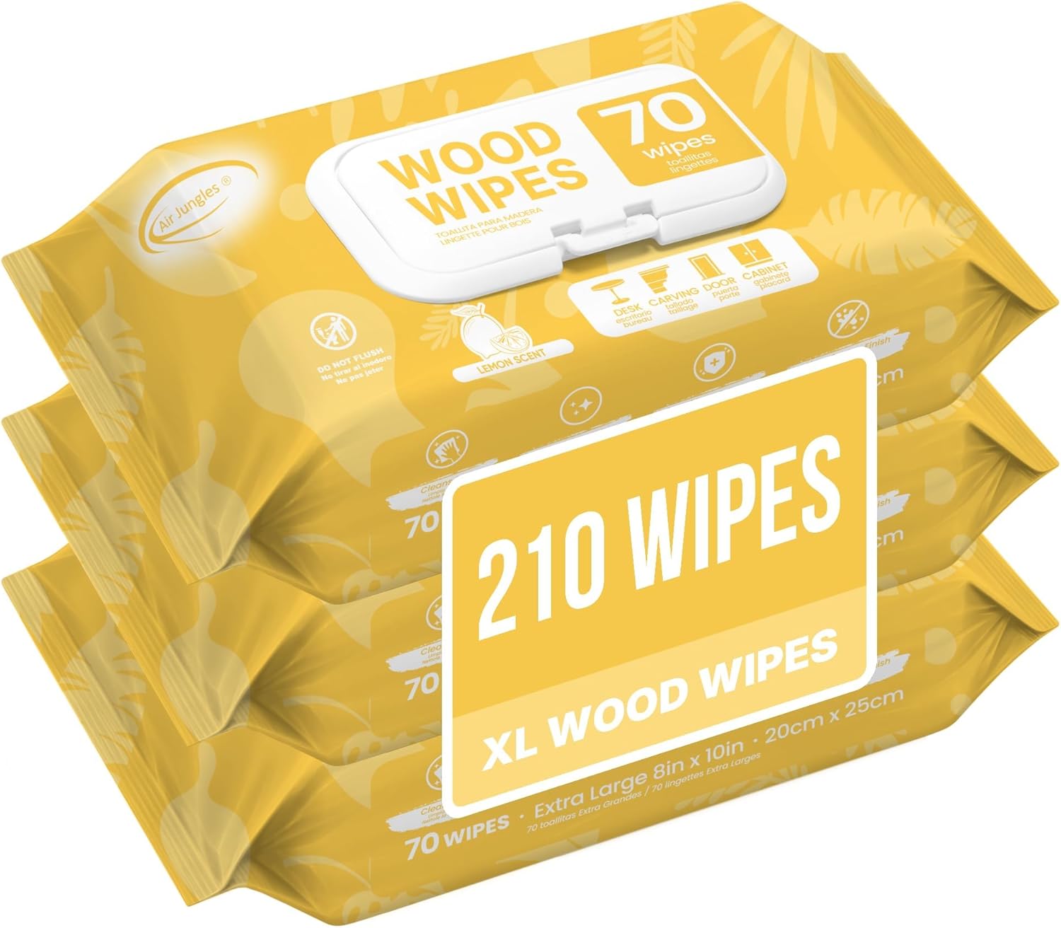 Air Jungles Wood Cleaner Wipes 70 Count (3 Packs), XL 8in x 10in, Clean Polish Protect Wipe for Wood Furniture, Tables, Cabinets, Remove Dust and Stains, with Vitamin E Gentle for Skin, Lemon Scent