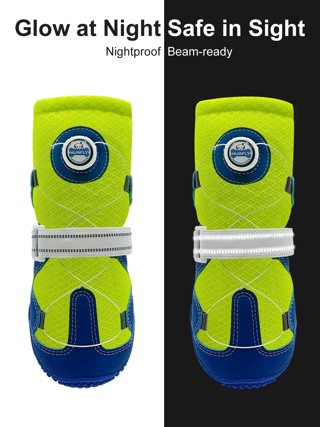 Huafly Hundeschuhe mit Zugknopf, Twist-Lock-Hundeschuhe und Pfotenschutz für kleine, mittelgroße und große Hunde, rutschfeste Sohle, atmungsaktives Netzgewebe, reflektierender Riemen für Wandern