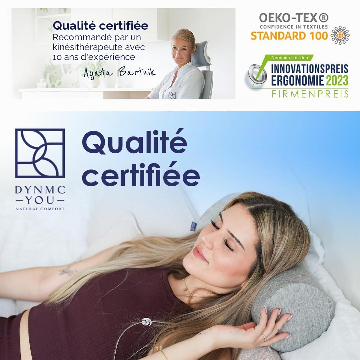 Traversin cervical 40 cm avec housse – coussin genoux & positionnement | Traversin en mousse à mémoire · pour nuque, genoux & jambes · positionnement · housse bambou lavable · OEKO-TEX