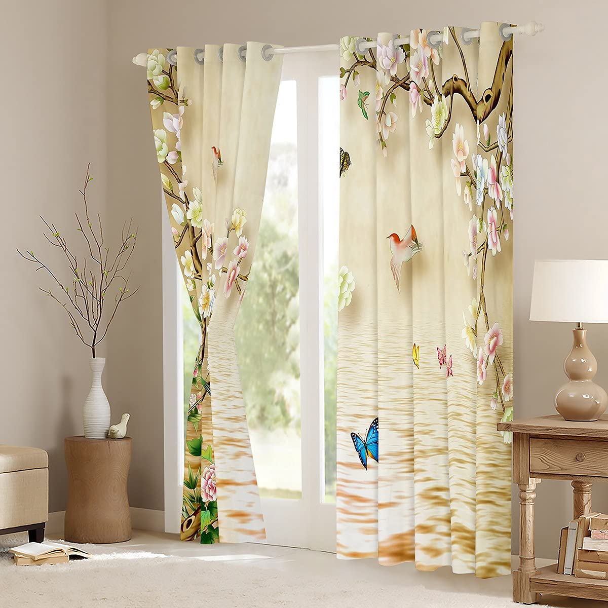 Floral Curtain Colorful Blossom Flowers Window Drapes for Kids Boys Girls Cute Butterflies Birds Window Curtains for Bedroom Nature Herbs Plants Window Treatments W66*L72 - Image 3