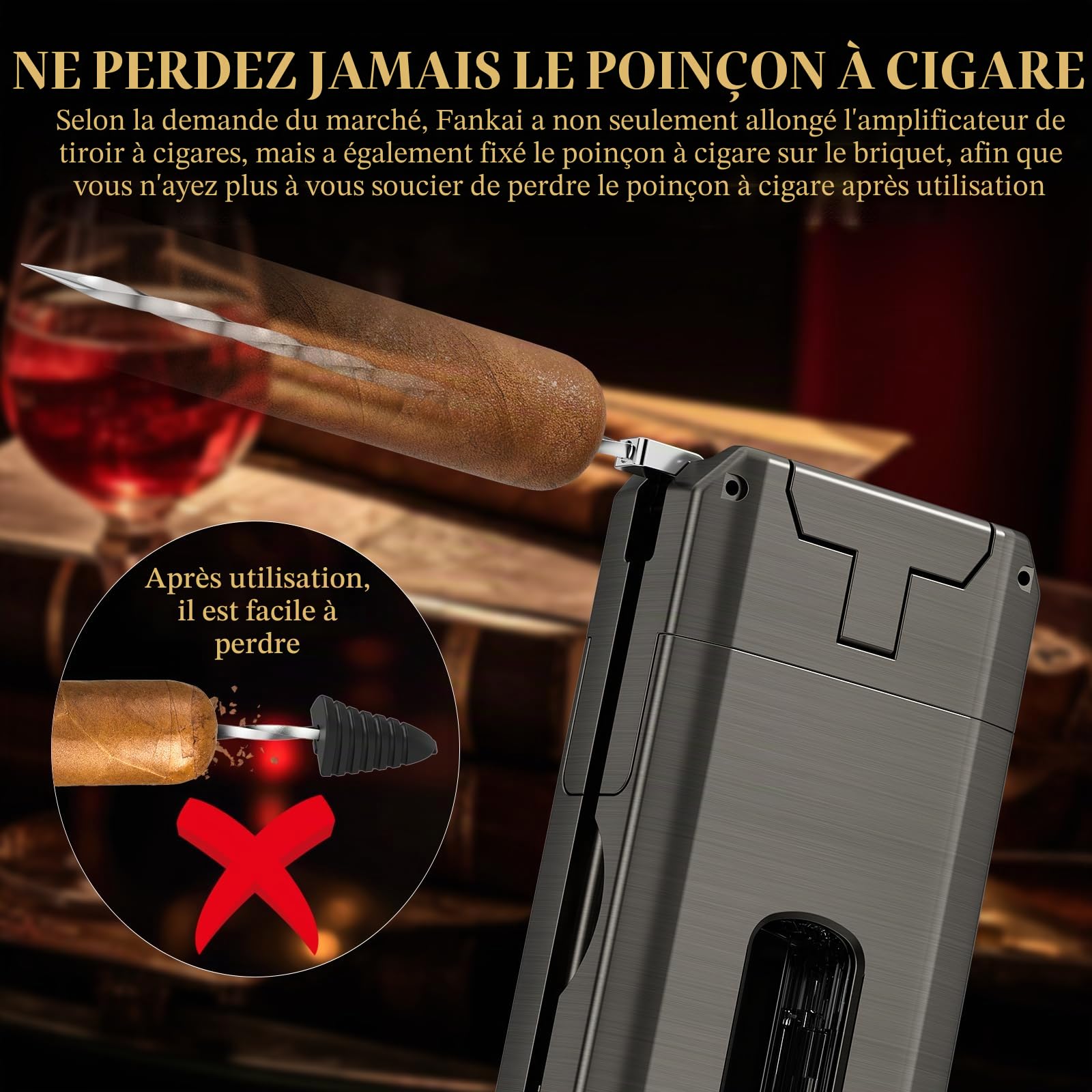 Allume-cigare, briquet à cigarettes 5 en 1 avec emporte-pièce en V, poinçon à cigarettes, support à cigares, jeu de poker à cigarettes, briquet au butane, flamme double jet, cadeau de