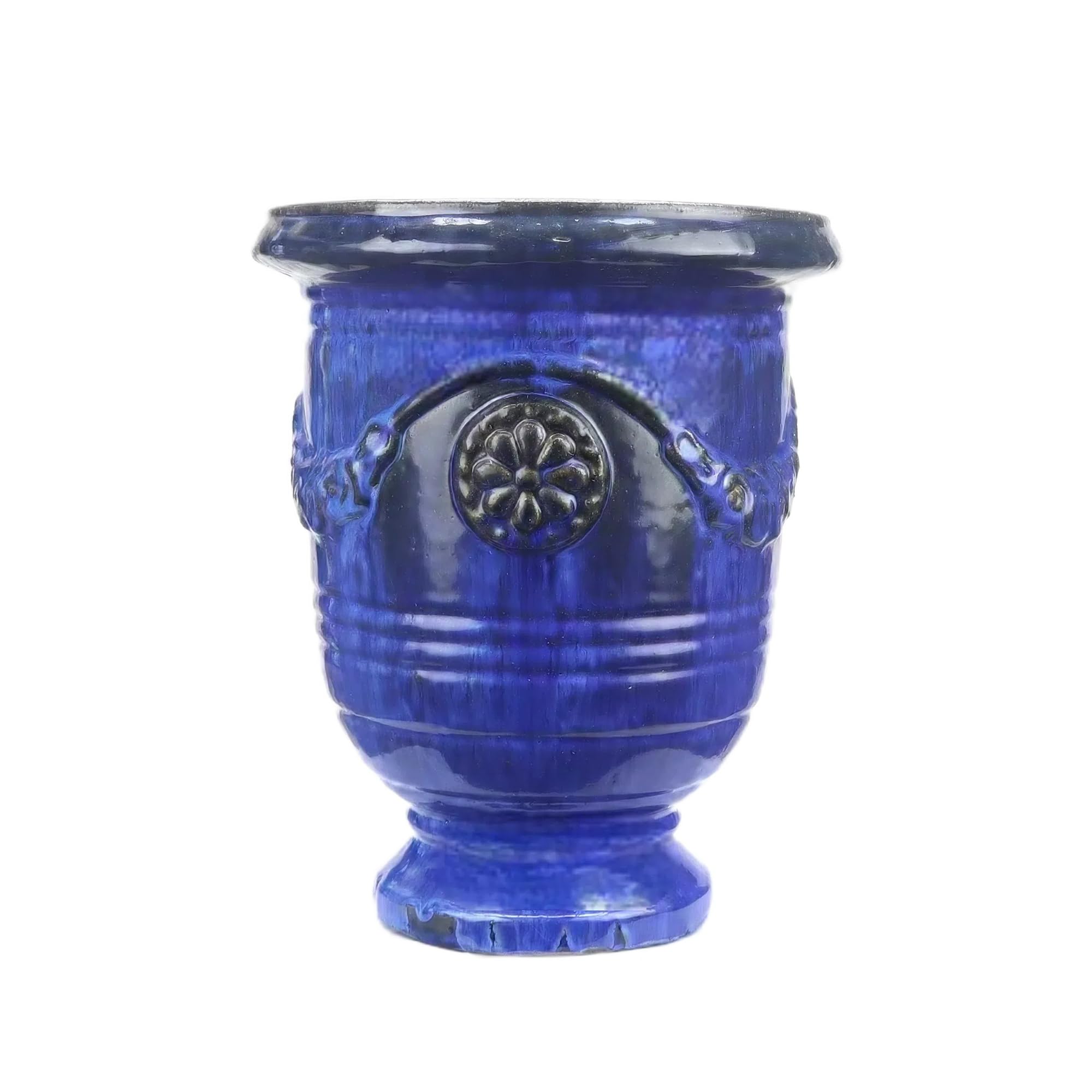Vaso per fiori/Piantatore, vaso in gres smaltato, modello Anduze in blu 35x42cm, resistente al gelo e fatto a mano