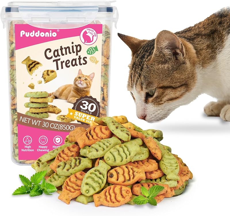 Petiscos para Gatos com Catnip, Sabor Frango e Salmão, Biscoitos Crocantes em Formato de Peixe Puddonio — 850 g