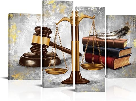 Saypeacher 4 Pieces Vintage Law Office Room Decor Legal Canvas Wall Art Law Firm Scales Justice Hammer Picture Prints on Canvas 12"x24"x2pcs+12"x32"x2pcs