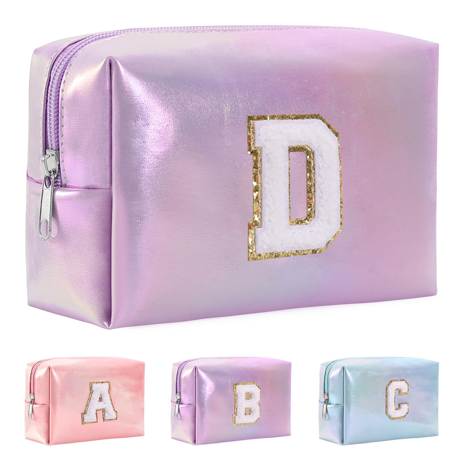 Hbhpov A-Z Personalized Initial Letter Makeup Bag Organizer,Waterproof PU Leather Chenille Letter Cosmetic Pouch Bag Travel Portable Toiletry Bag,Gift Ideal for Teen Girls Women Birthday Friend Mom