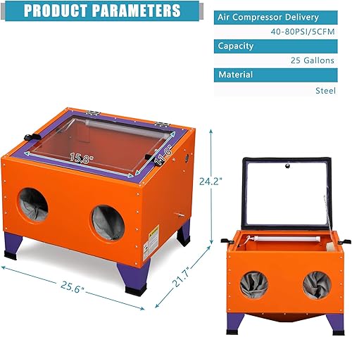 Vista 3 de Motorhot Armario portátil de chorro de arena de aire de 25 galones, gabinete de chorro de arena de aire de potencia de 40-80 PSI, arenado de acero