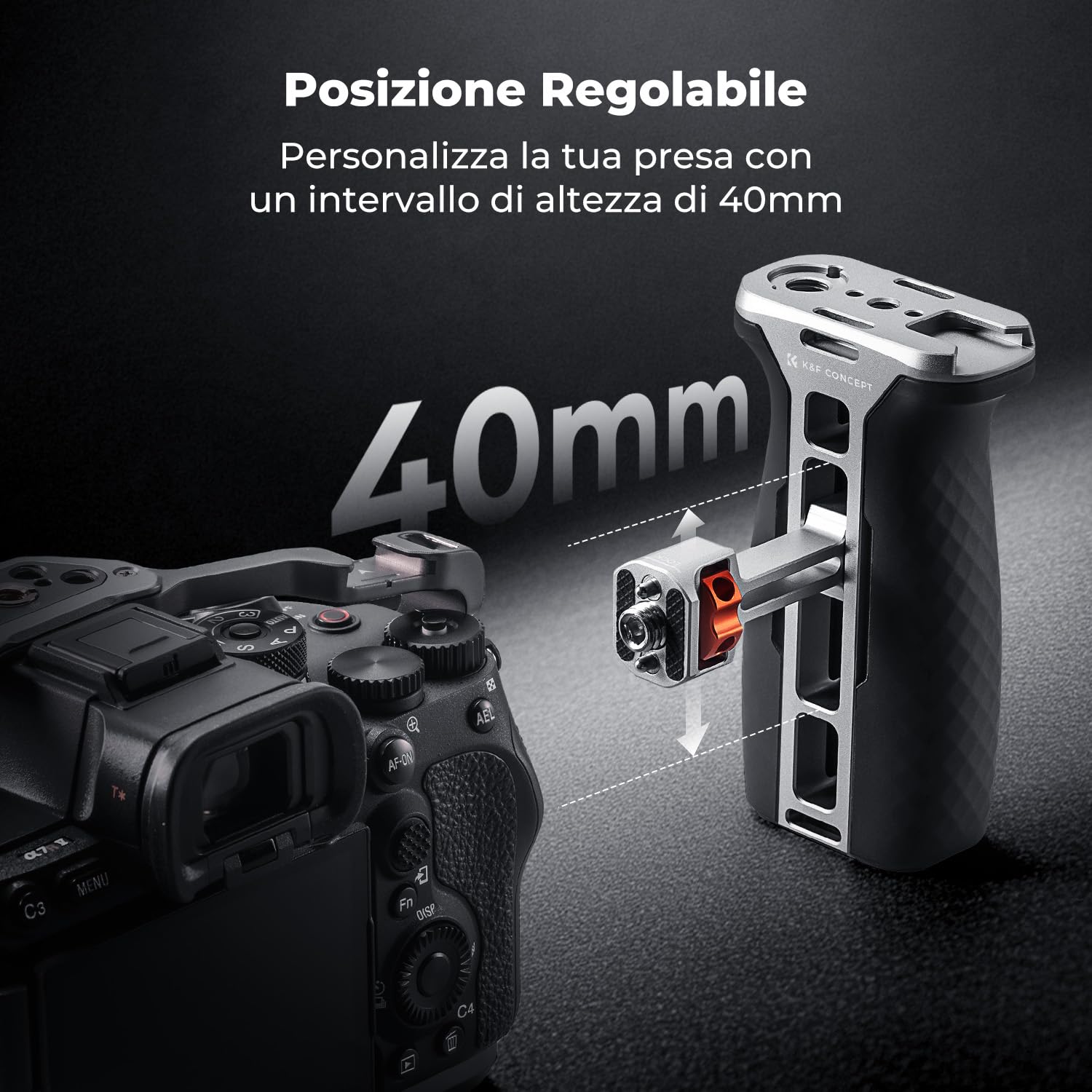 K&F CONCEPT Maniglia Laterale NATO per Gabbie per Fotocamera, Side Handle Ergonomica Universale Regolazione Su/Giù da 40MM con Interfacce Coldshoe Filettatura da 1/4" 3/8"
