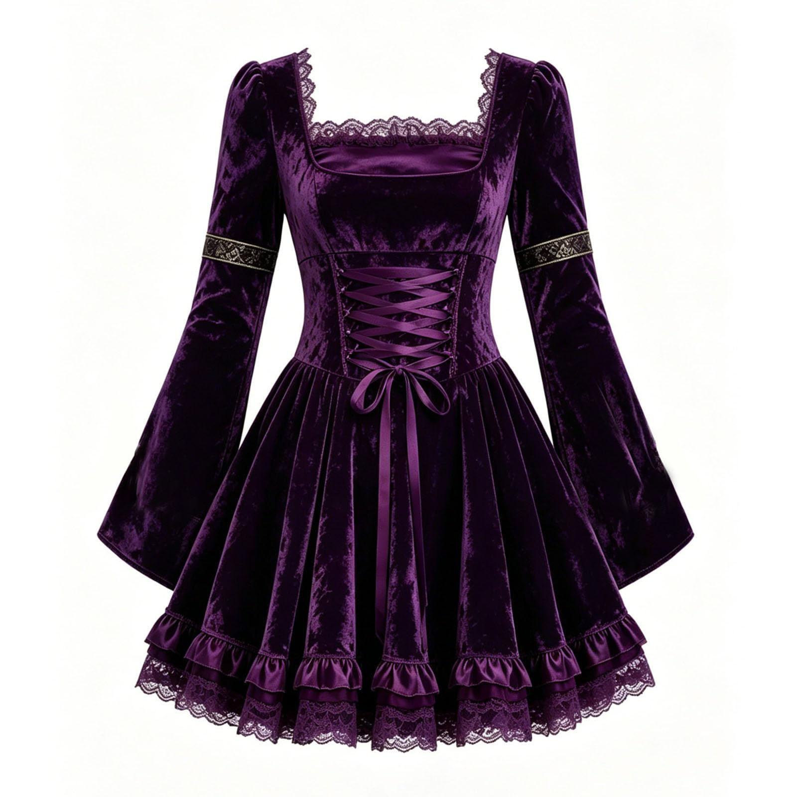 Vestido Halloween Mujer Gótico Manga Larga Escote Cuadrado Vestido Disfraz Renacentista de Terciopelo con Campana Cinta Ajustable en Cintura Falda Corta con Volantes para Fiestas de Halloween Cosplay