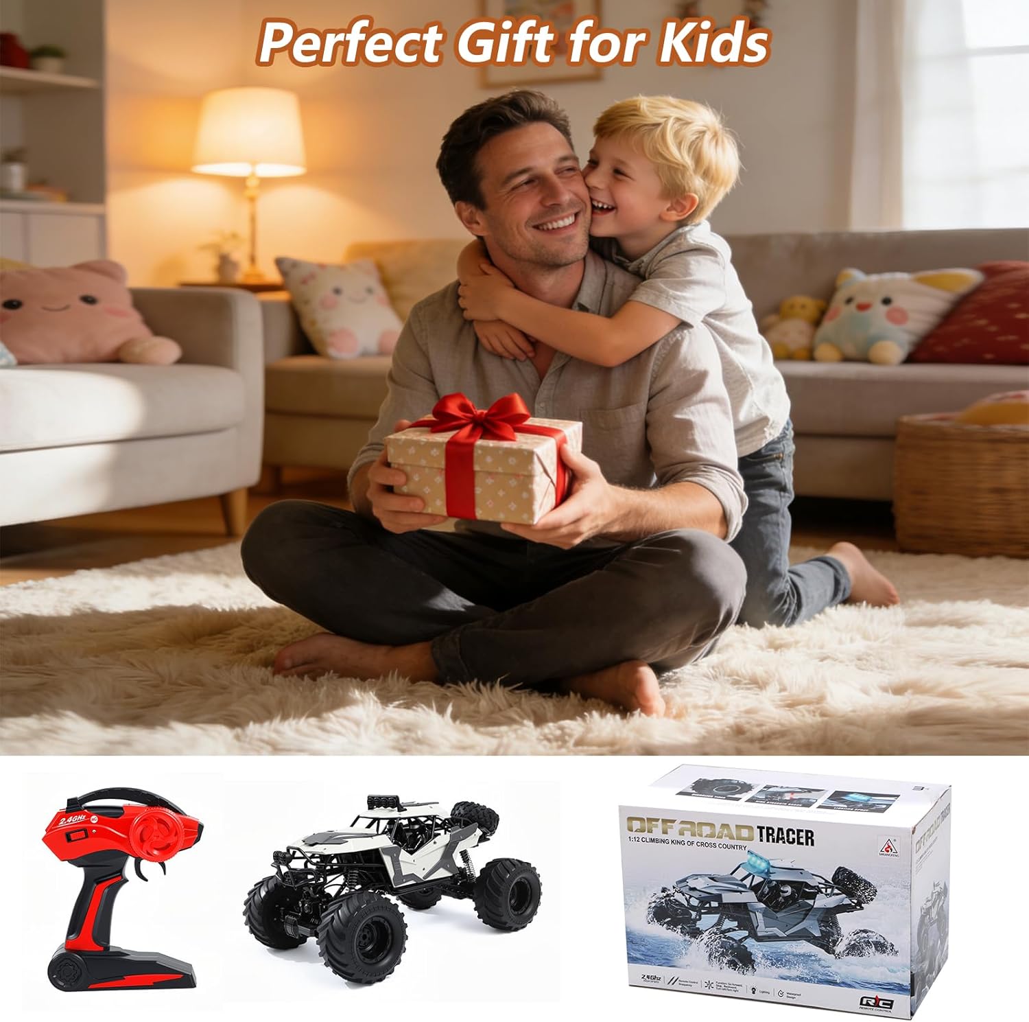 1:8 Large Amphibious RC Car – 4WD Waterproof Monster Truck Drives on Water & Land, All Terrain Remote Control Truck with LED Lights, Toy for Kids 3 Years and Up