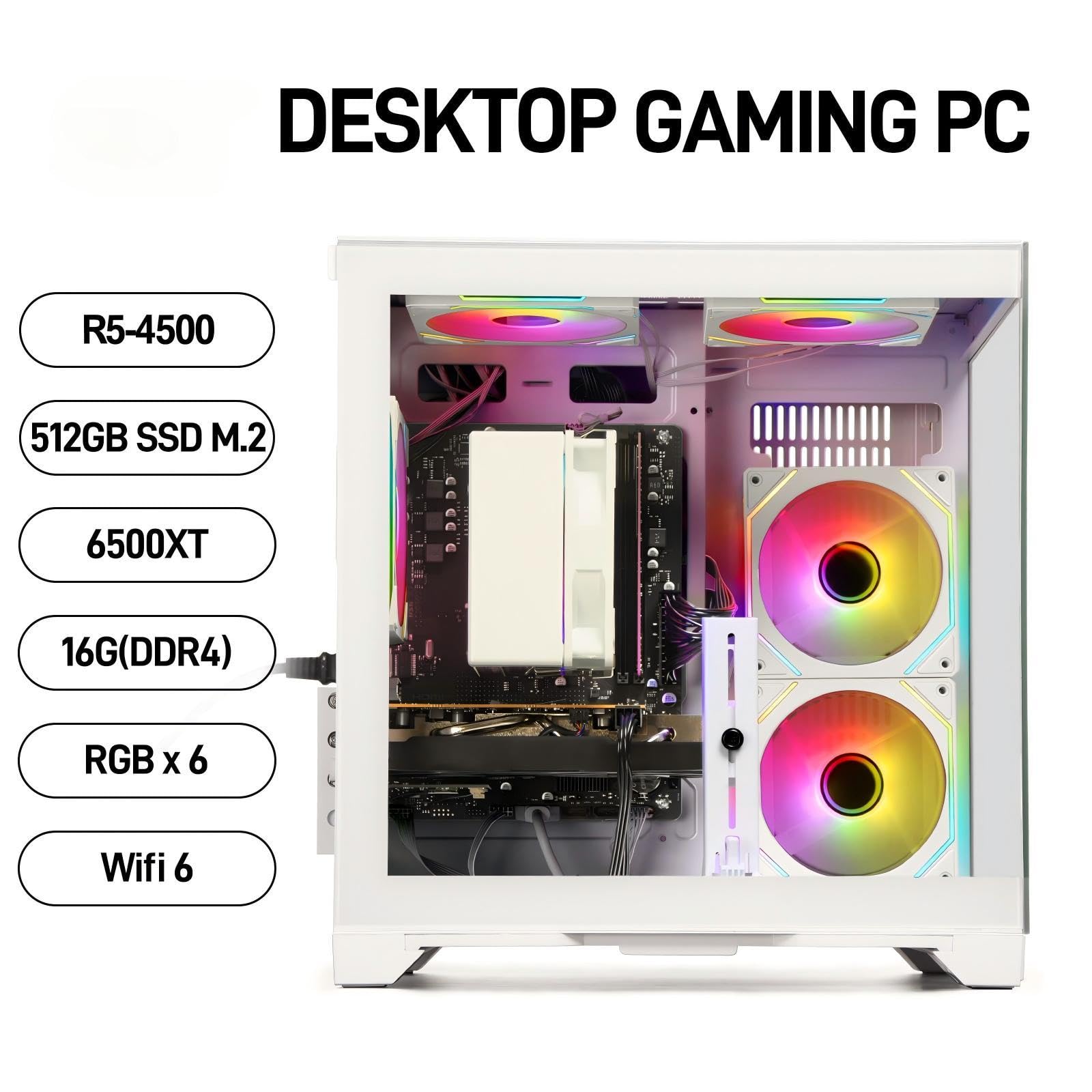 Ryzen 5 4500, Radeon RX 6500XT 4 GB, 16 GB DDR4 RAM, SSD NVME da 512 GB, torre precostruita per giochi 1080P, streaming, scuola e ufficio domestico (bianco)