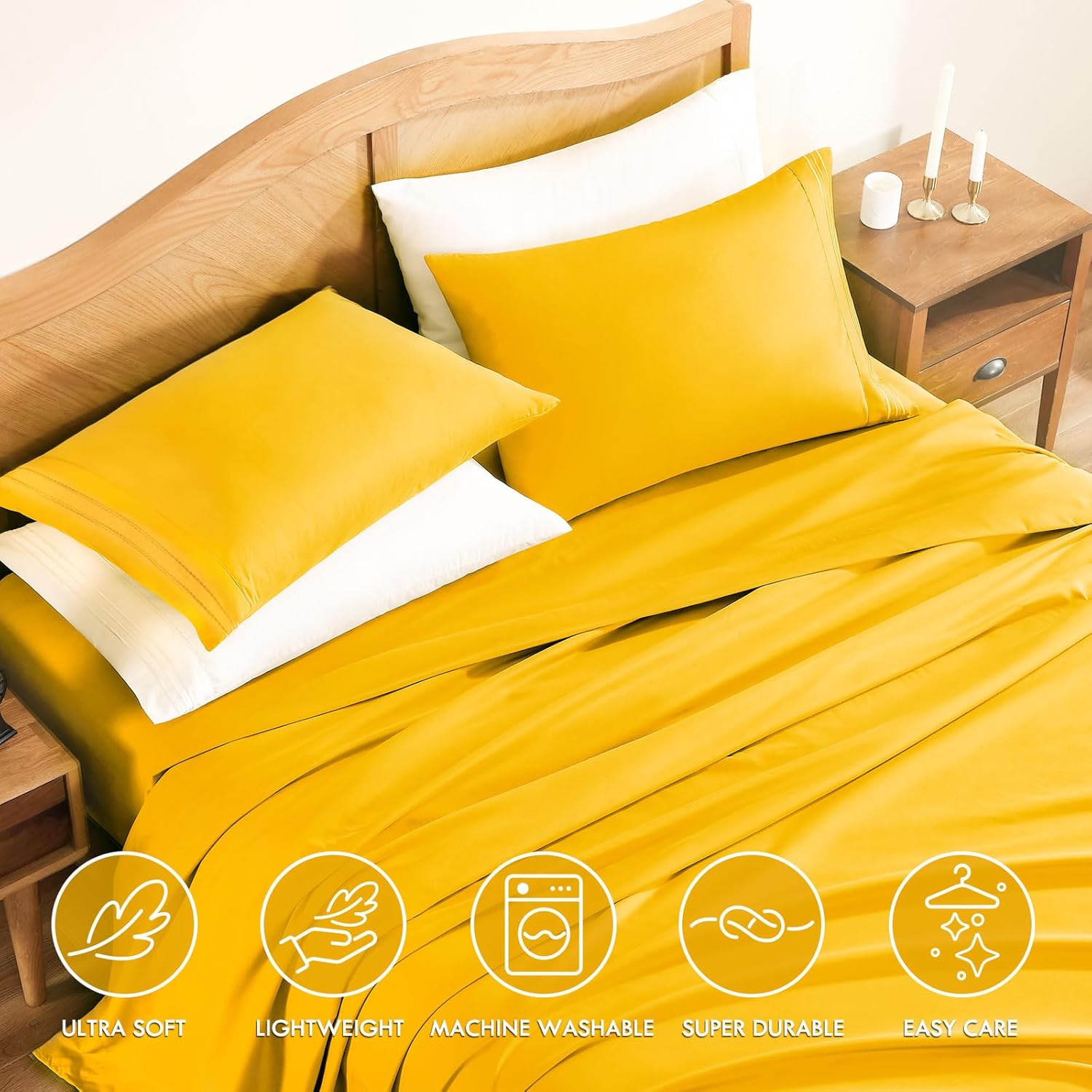 ClevaHome King Sheet Set, 4-Piece King Size Sheet Sets, Lightweight & Super Soft Easy Care Microfiber– Shrinkage & Fade Resistant Bedding Set with 14'' Deep Pockets (Mustard)