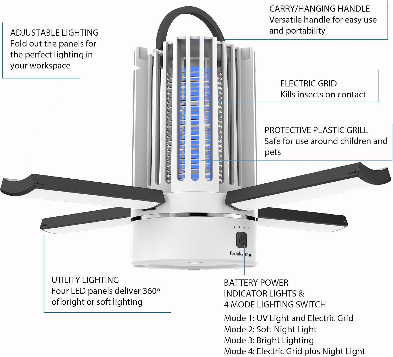 Brookstone Hanging Shop Light & Bug Zapper, White – 2-in-1 LED Utility Light with Insect Killer, Indoor & Outdoor Use, Chemical-Free, Garage, Patio & Workshop Lighting